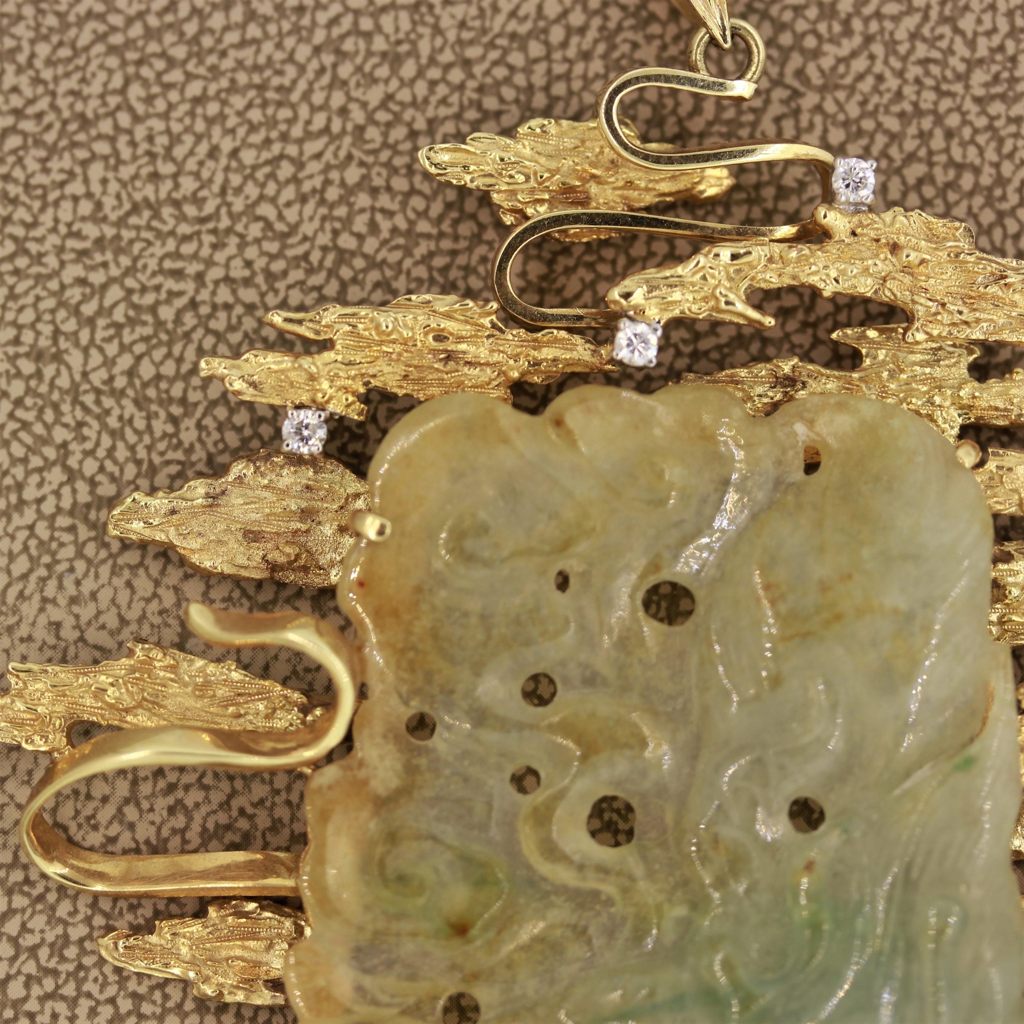 Round Cut Large Carved Jade Diamond Gold Pendant For Sale