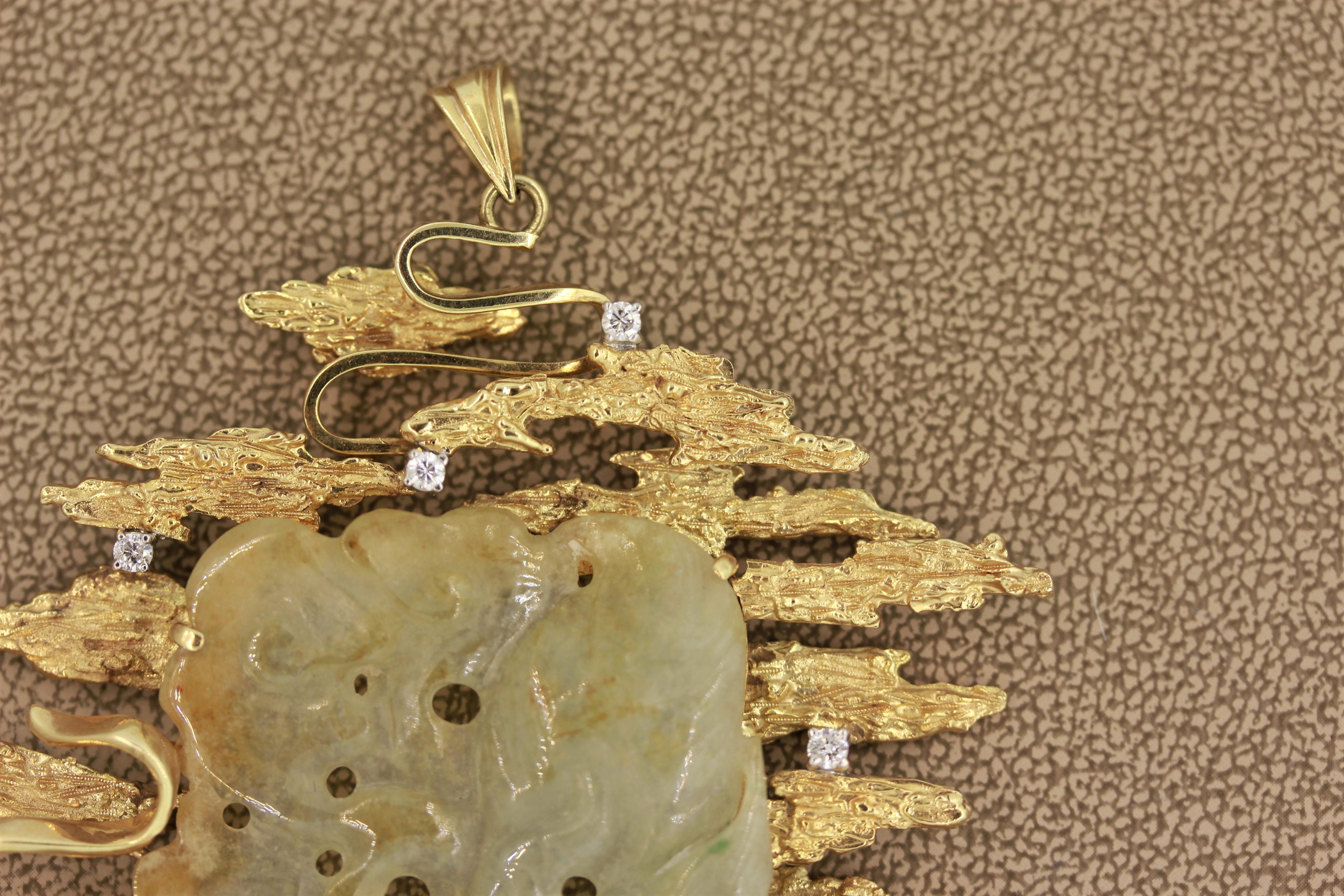 Large Carved Jade Diamond Gold Pendant In New Condition For Sale In Beverly Hills, CA