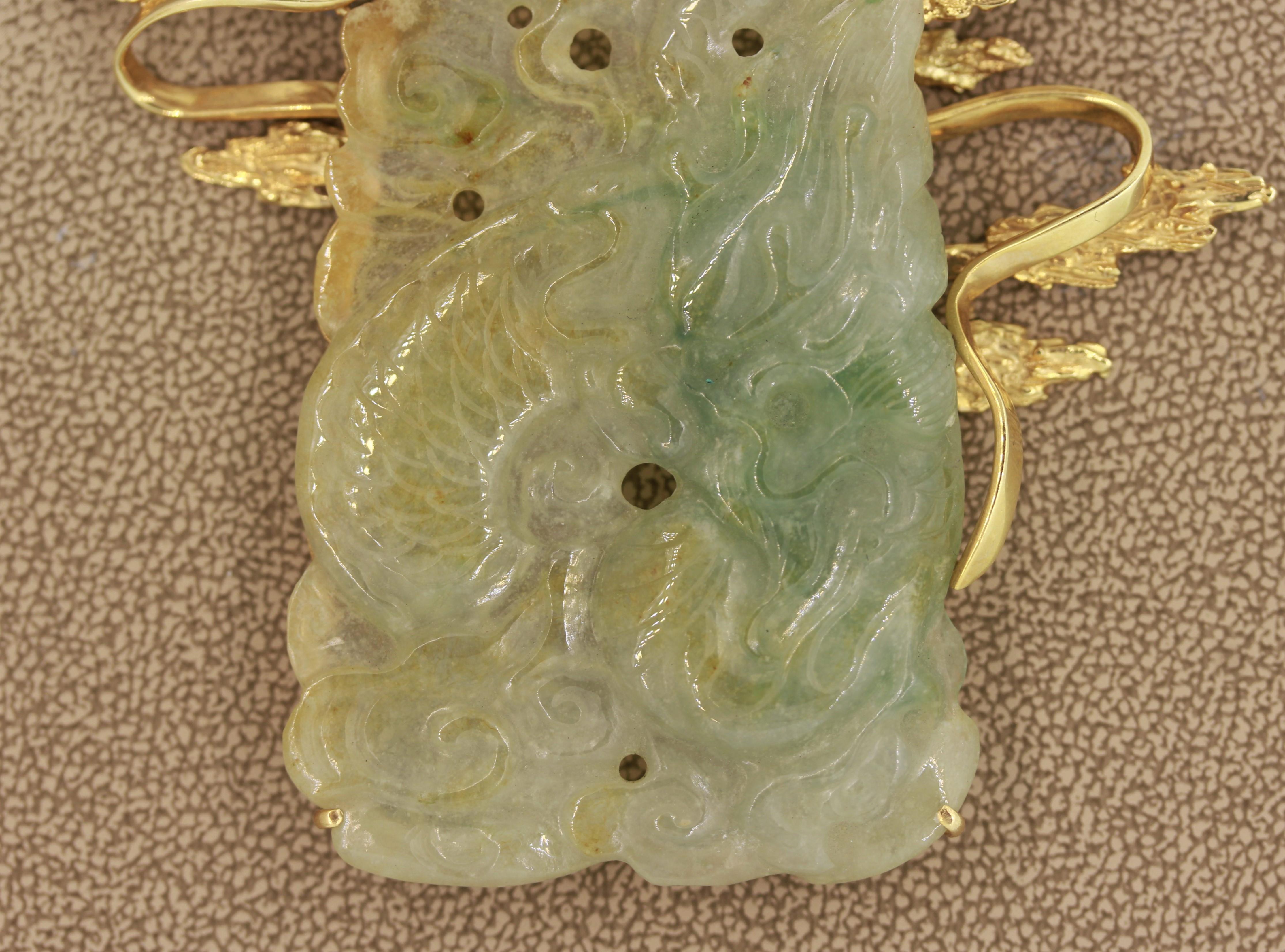 Women's or Men's Large Carved Jade Diamond Gold Pendant For Sale