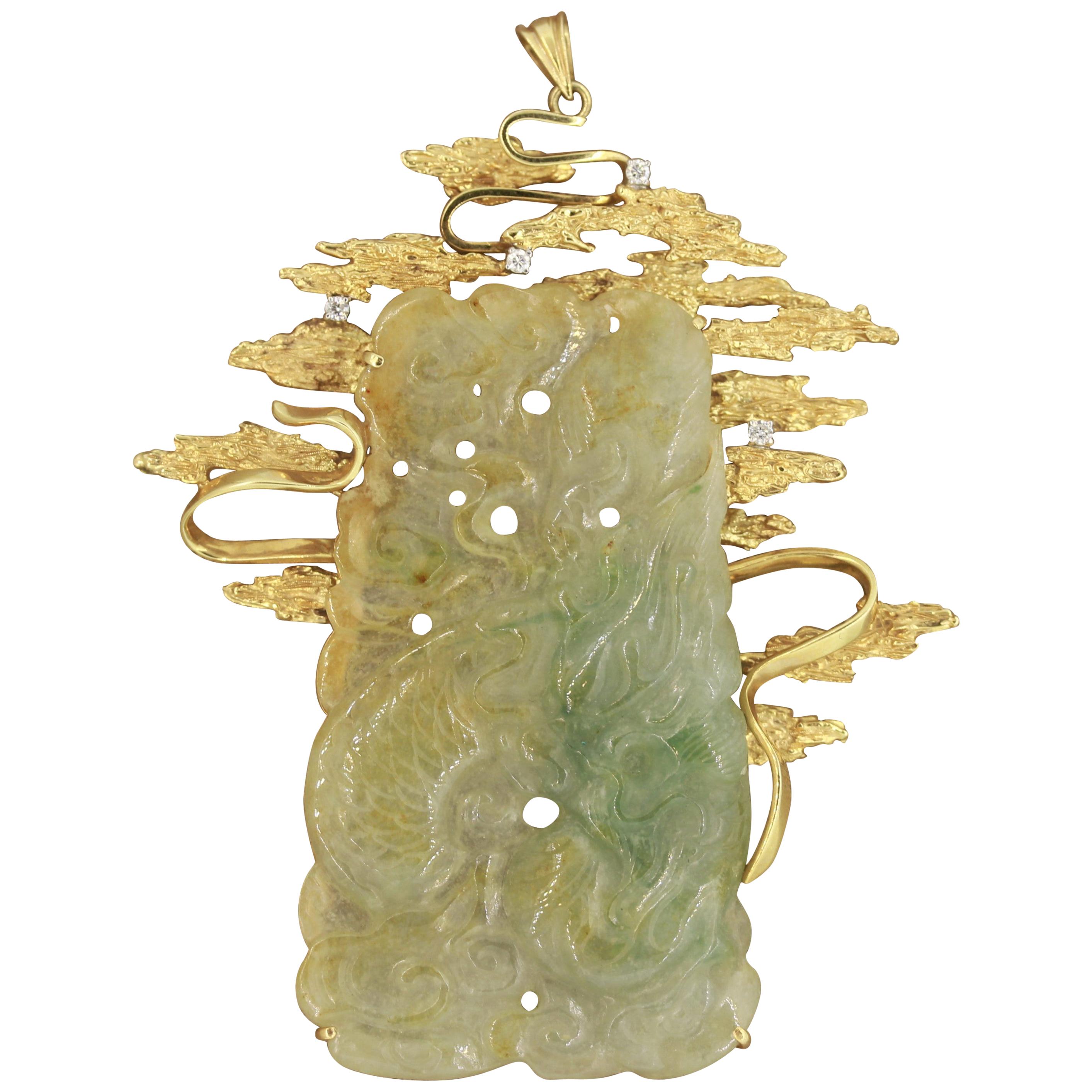 Large Carved Jade Diamond Gold Pendant For Sale