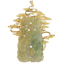 Large Carved Jade Diamond Gold Pendant