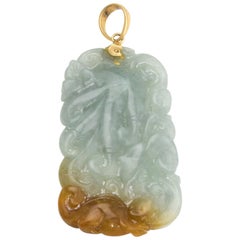 Large Carved Jade Pendant Vintage 14 Karat Yellow Gold