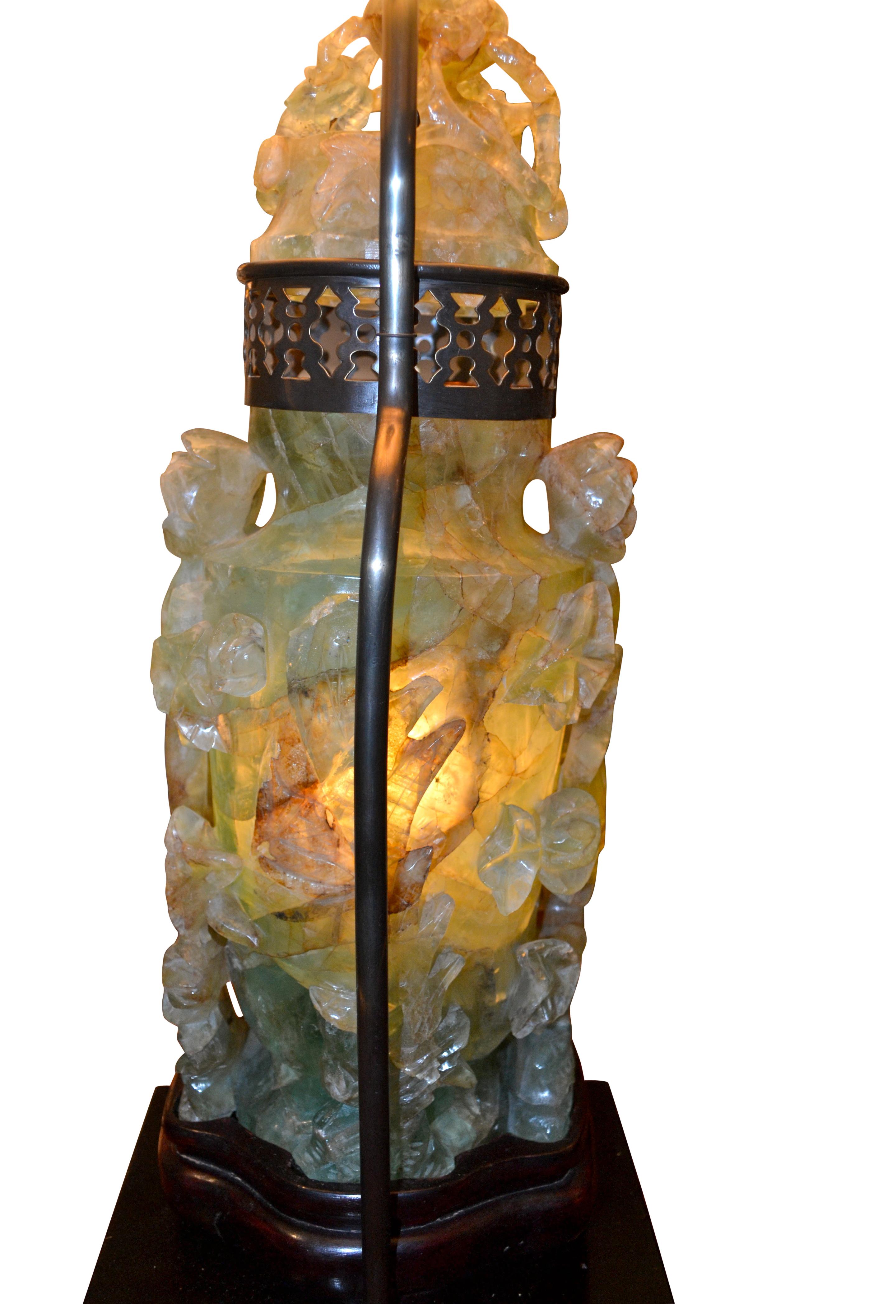 Chinese Export Large Carved Jadeite 'flourite' Lamp For Sale