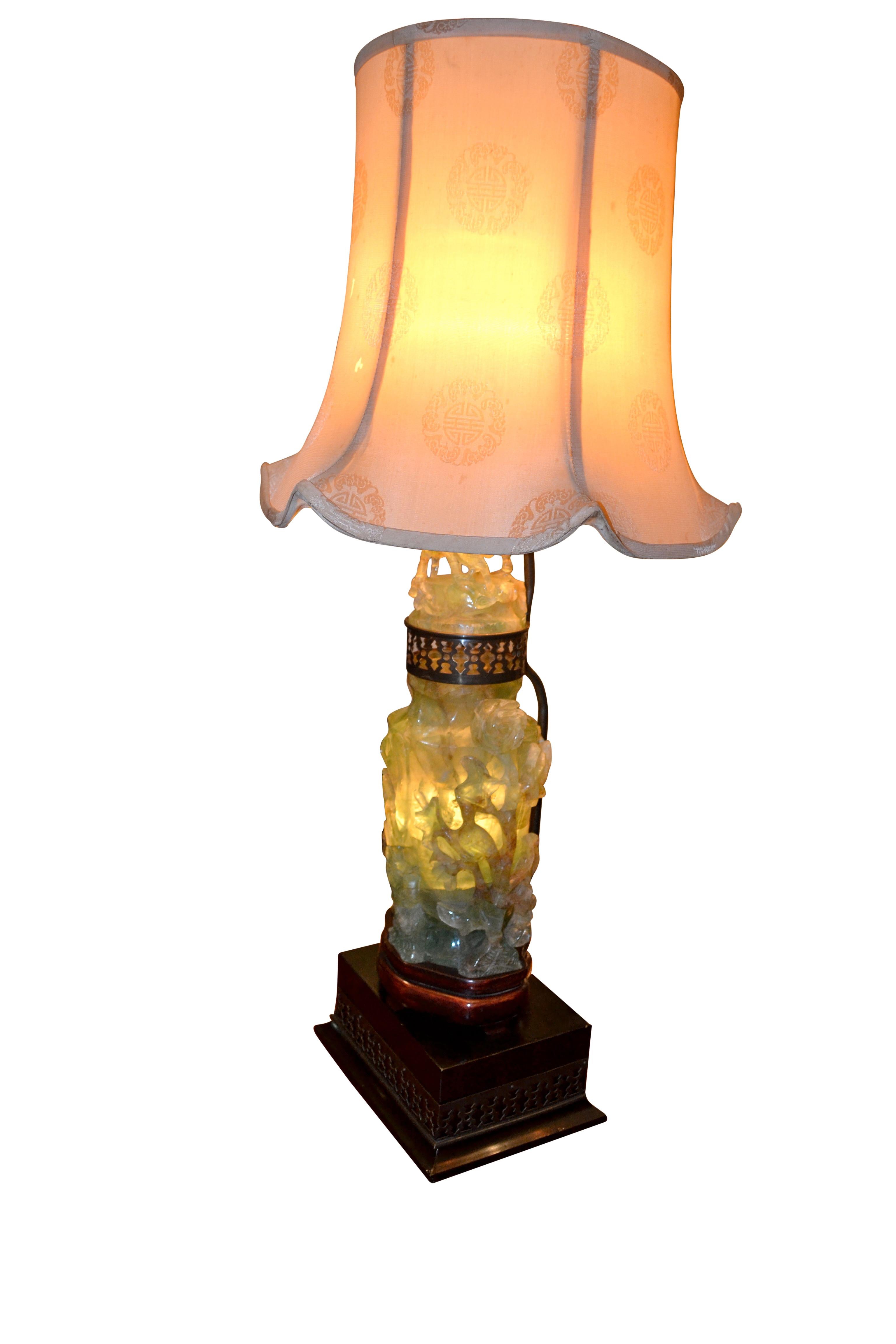 Southeast Asian Large Carved Jadeite 'flourite' Lamp For Sale