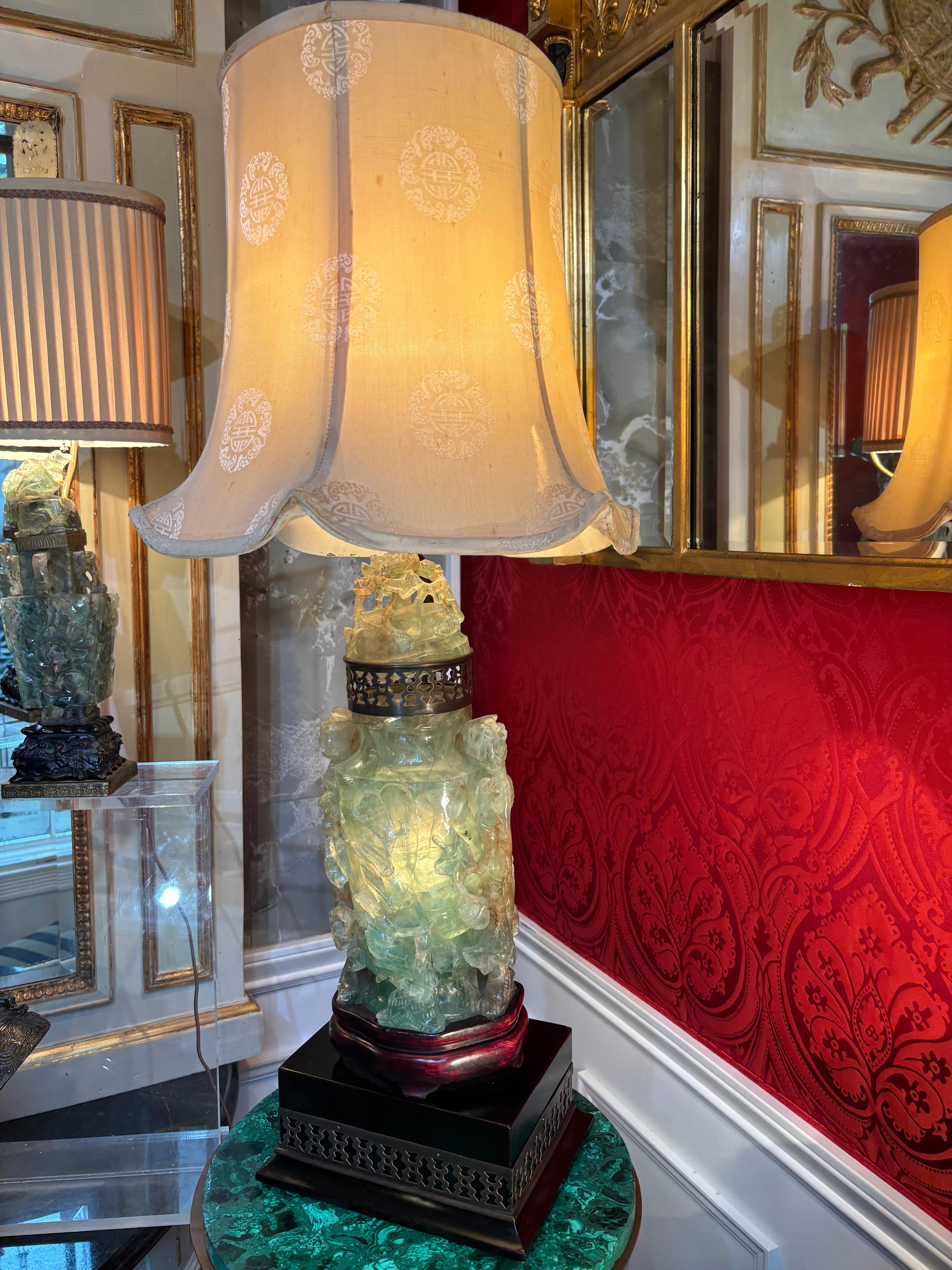 Large Carved Jadeite 'flourite' Lamp In Good Condition For Sale In Vancouver, British Columbia