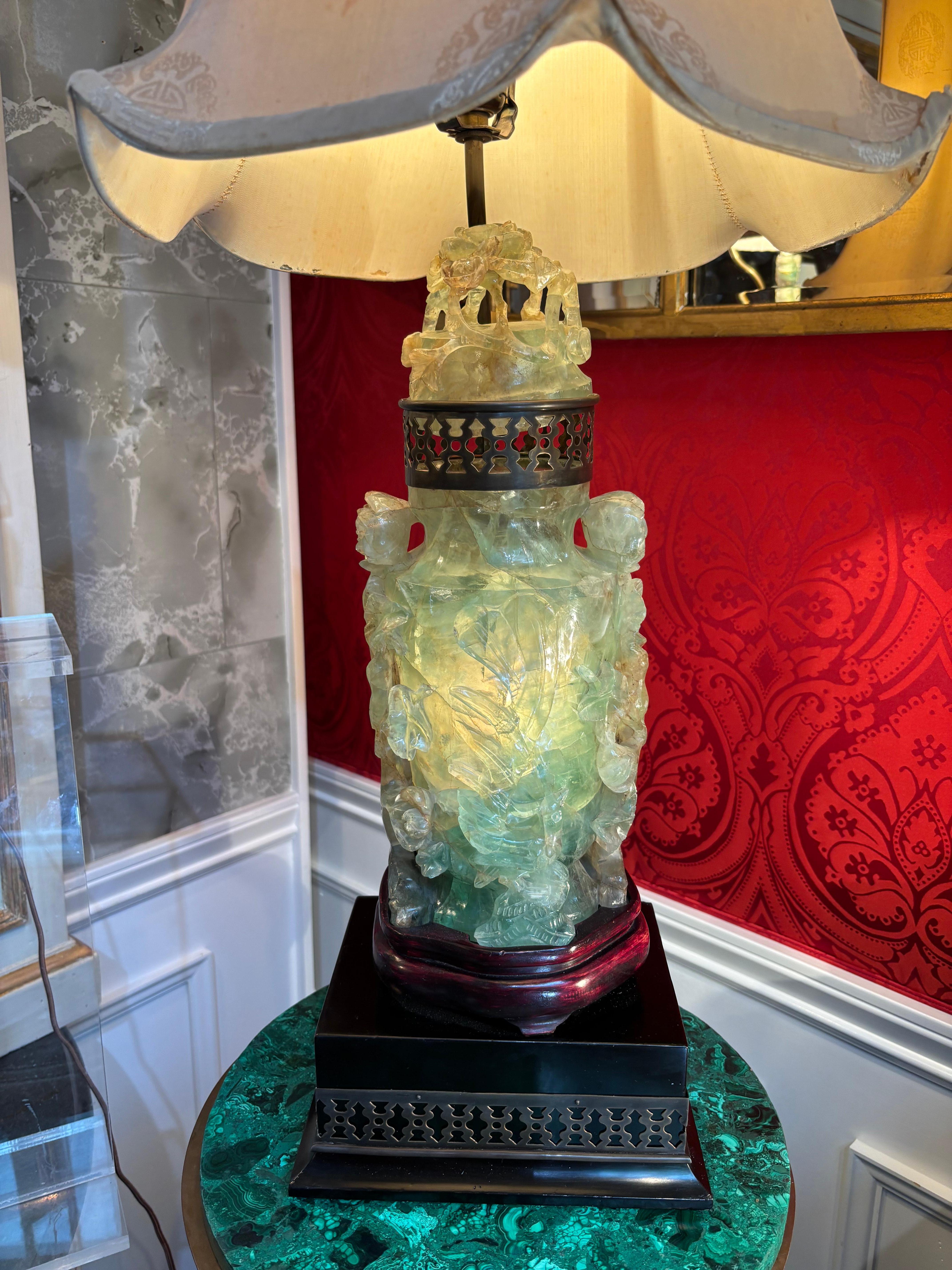 Quartz Large Carved Jadeite 'flourite' Lamp For Sale