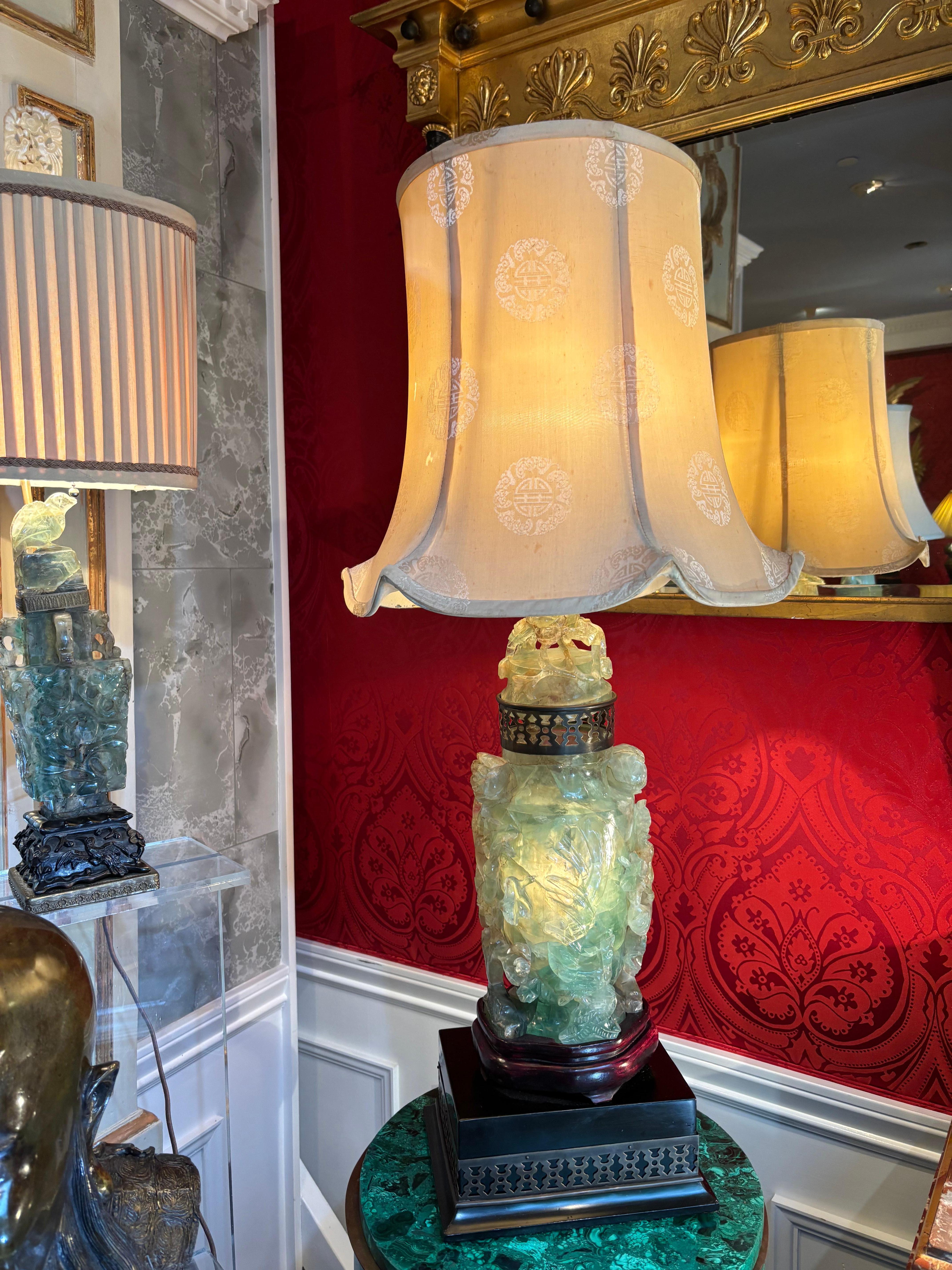 Large Carved Jadeite 'flourite' Lamp For Sale 1