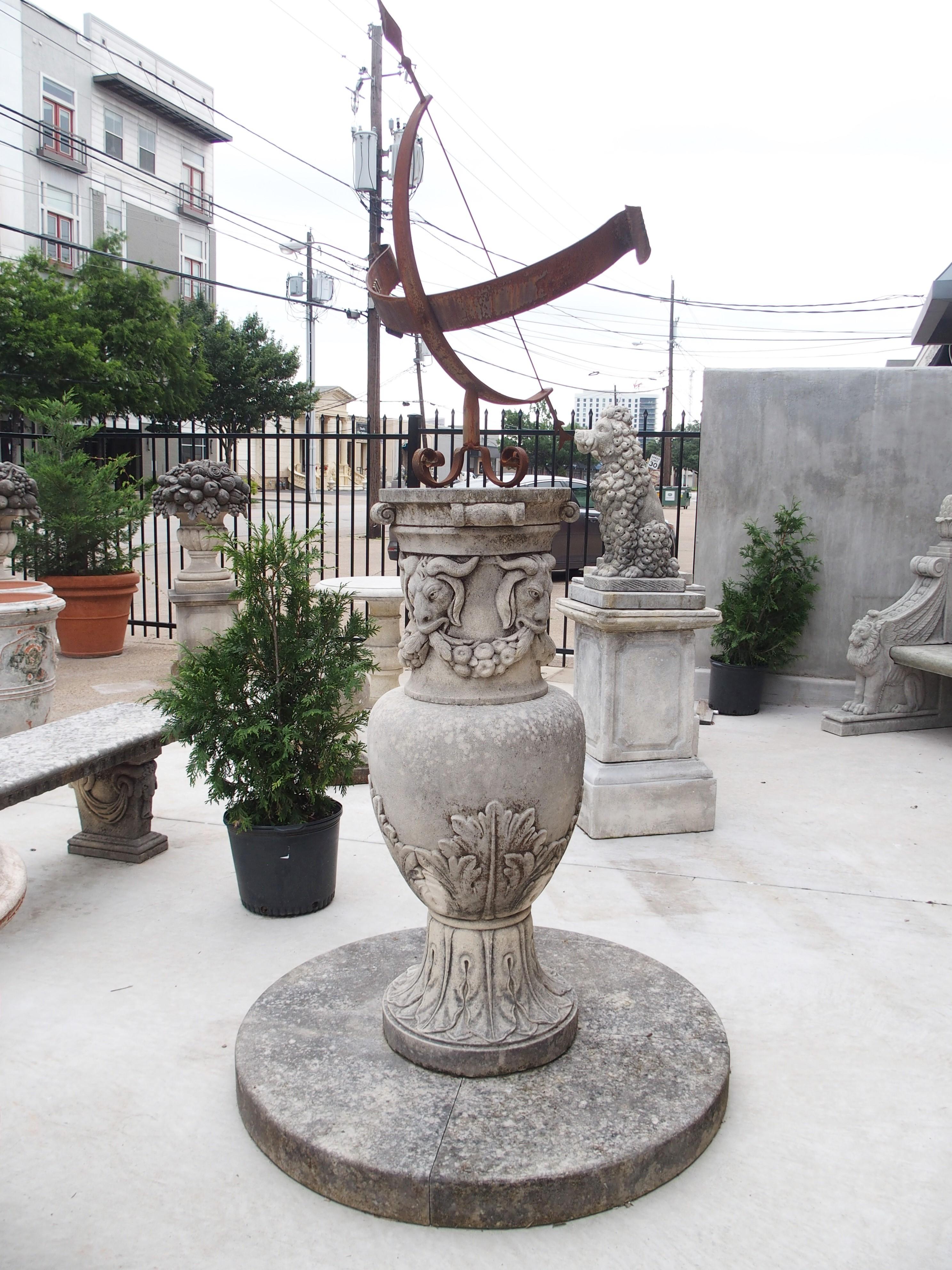 This large limestone sundial with wrought iron armillary sphere will make a grand statement in any garden. Sometimes called an “equatorial sundial”, the armillary was invented by ancient Greeks. In its original format, armillary spheres were