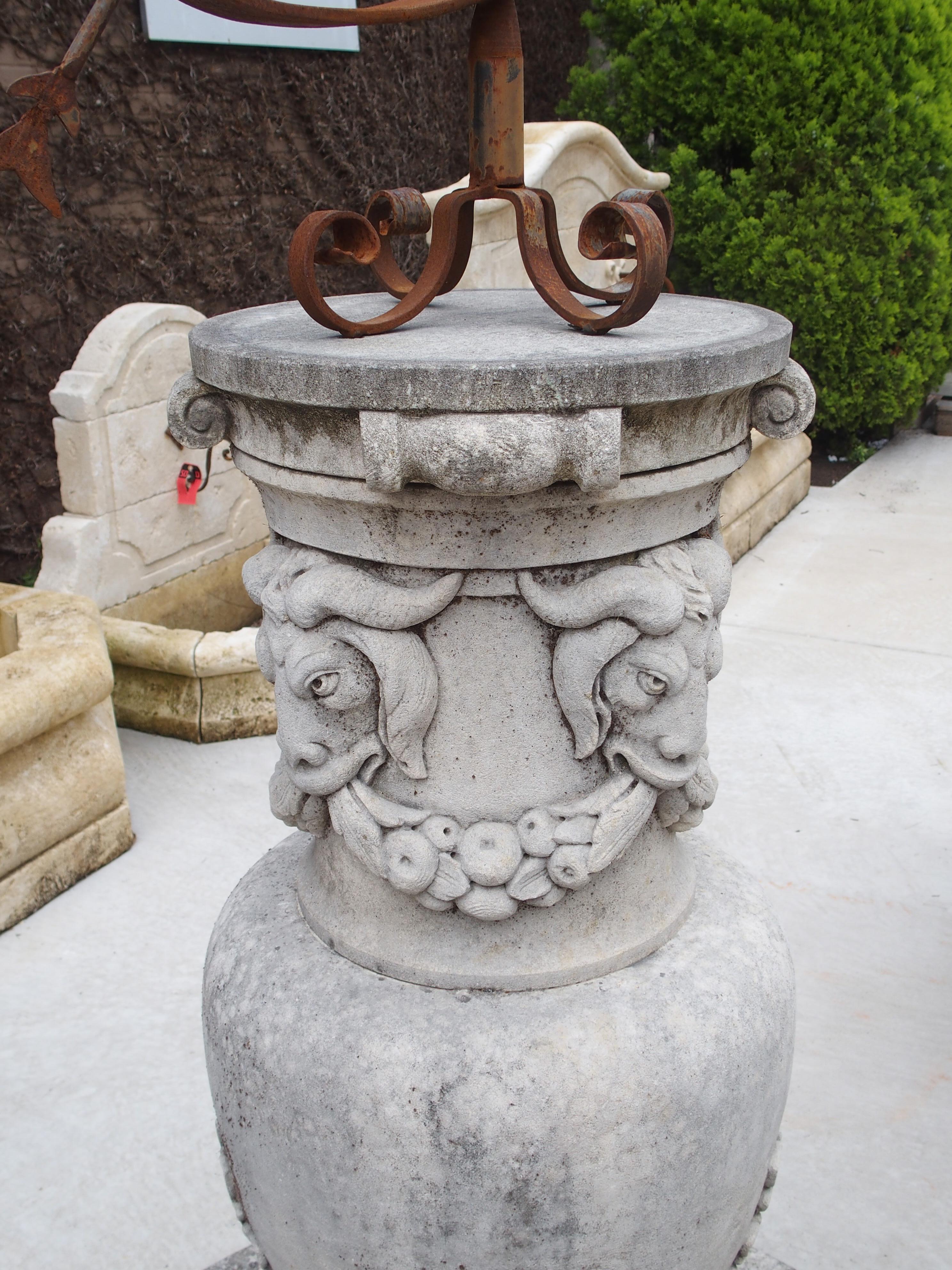 Large Carved Limestone Sundial with Wrought Iron Armillary 3