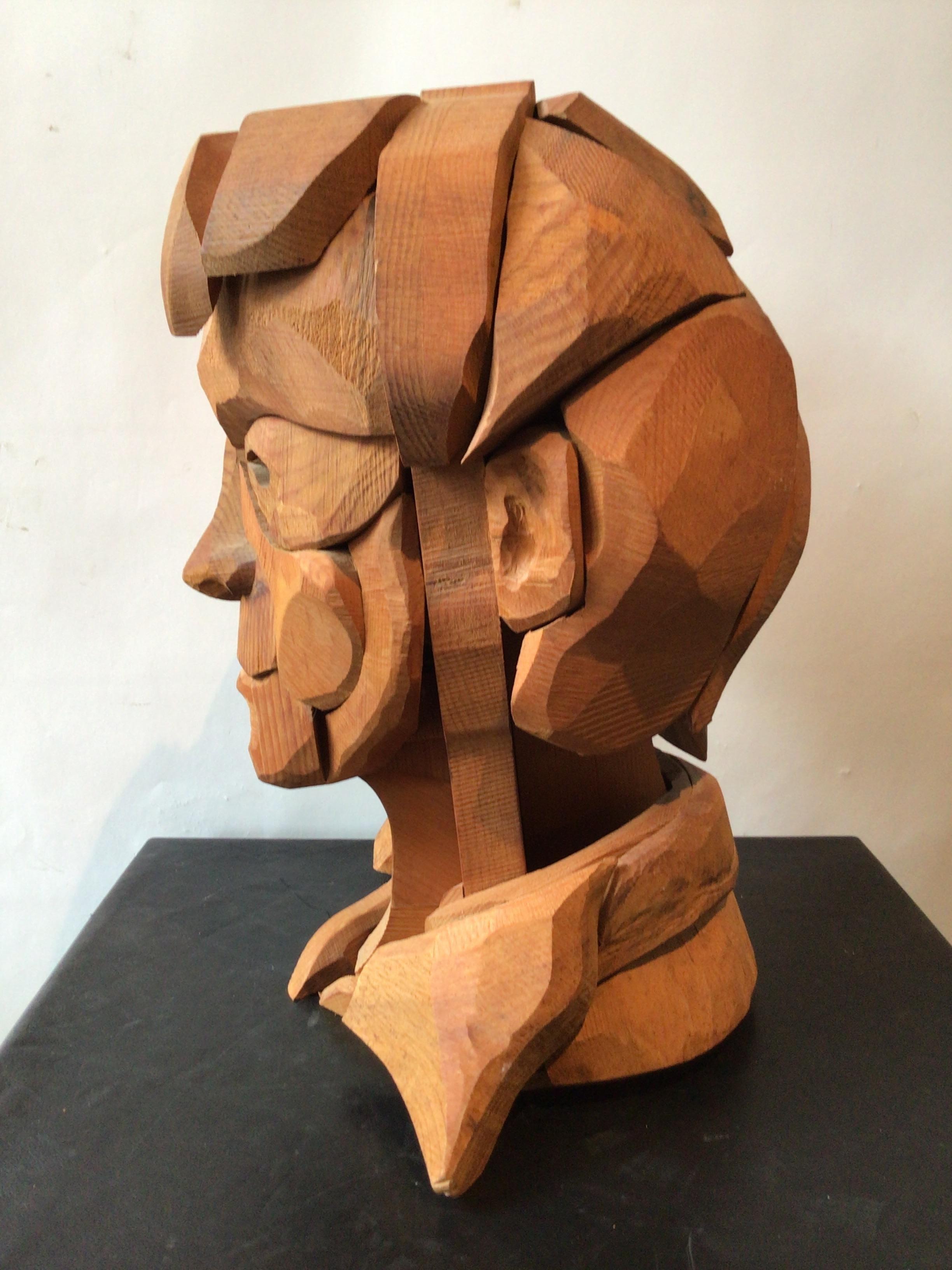Large Carved Male Head Made of Multiple Wood Pieces In Good Condition In Tarrytown, NY