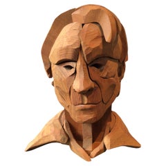 Large Carved Male Head Made of Multiple Wood Pieces
