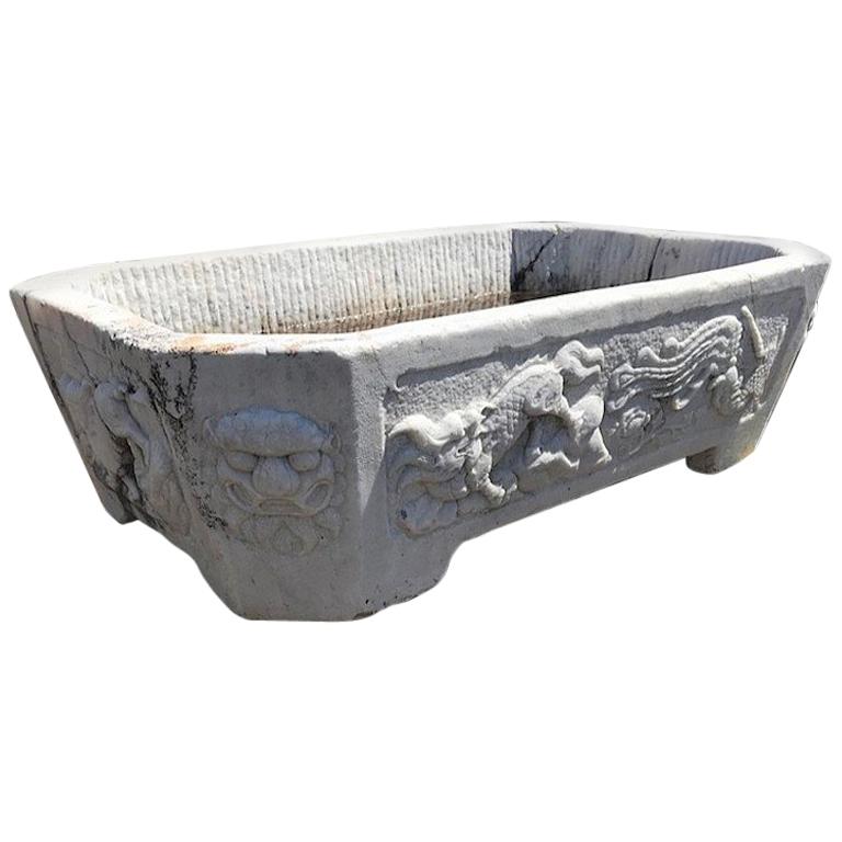 Large Carved Marble Footed Planter Asian Motif For Sale