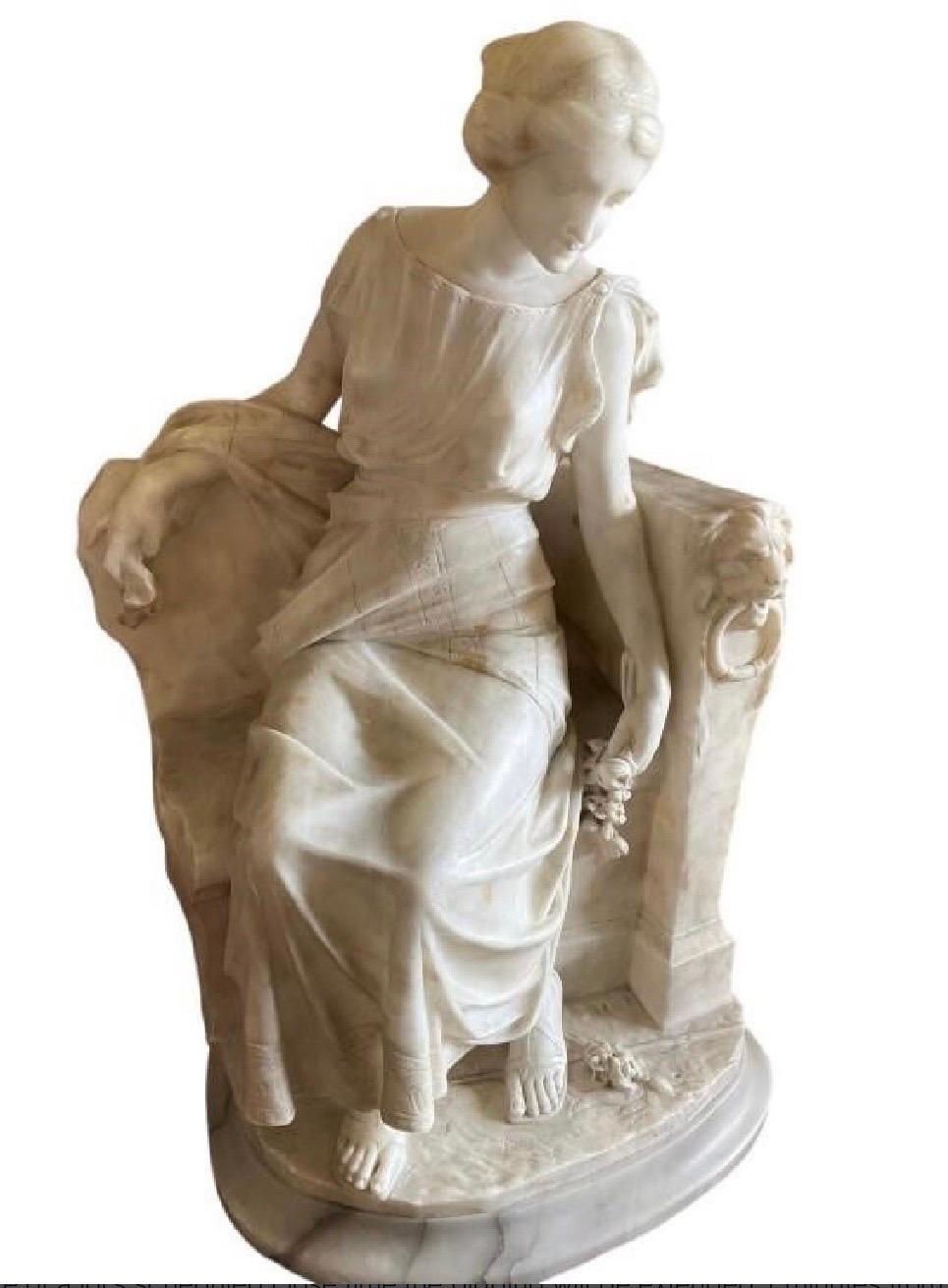 Neoclassical Large Carved Marble Statue With Pedestal, Italy Circa 1900 For Sale