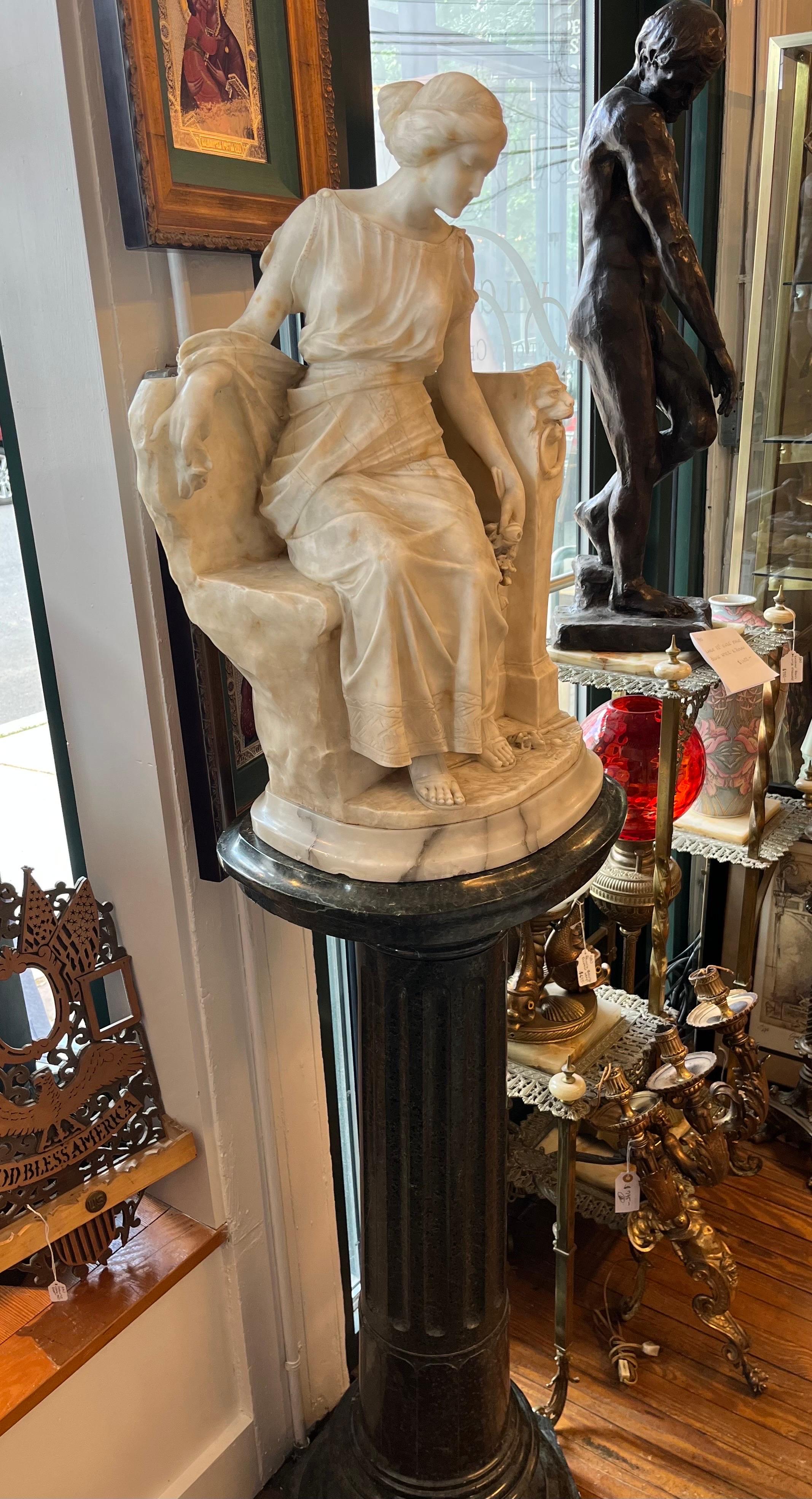 Large Carved Marble Statue With Pedestal, Italy Circa 1900 For Sale 1