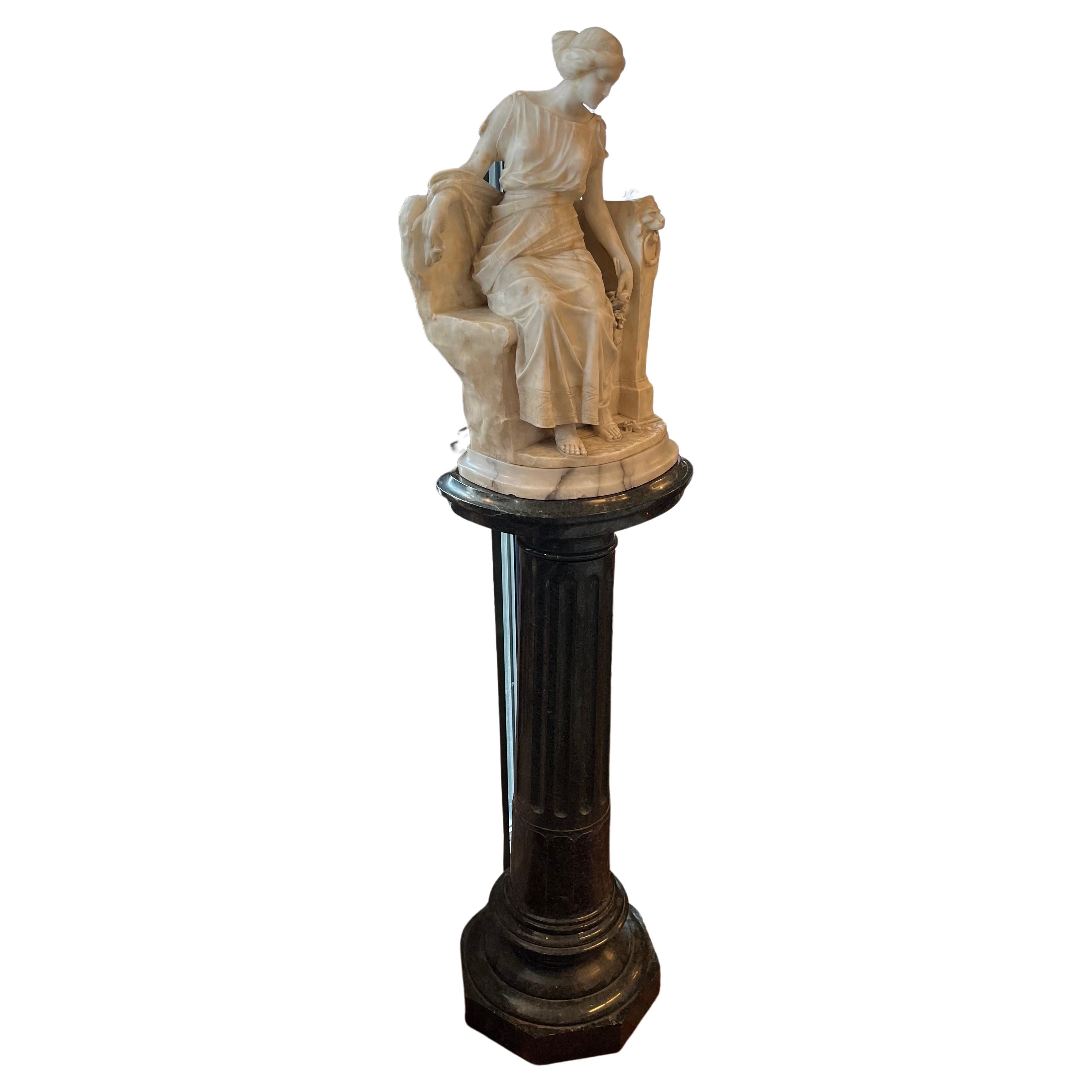 Large Carved Marble Statue With Pedestal, Italy Circa 1900 For Sale