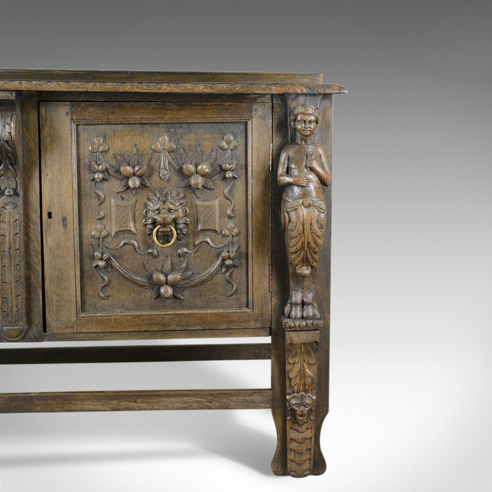 Large Carved Oak Cabinet, English Sideboard, Jacobean Revival Cupboard 6