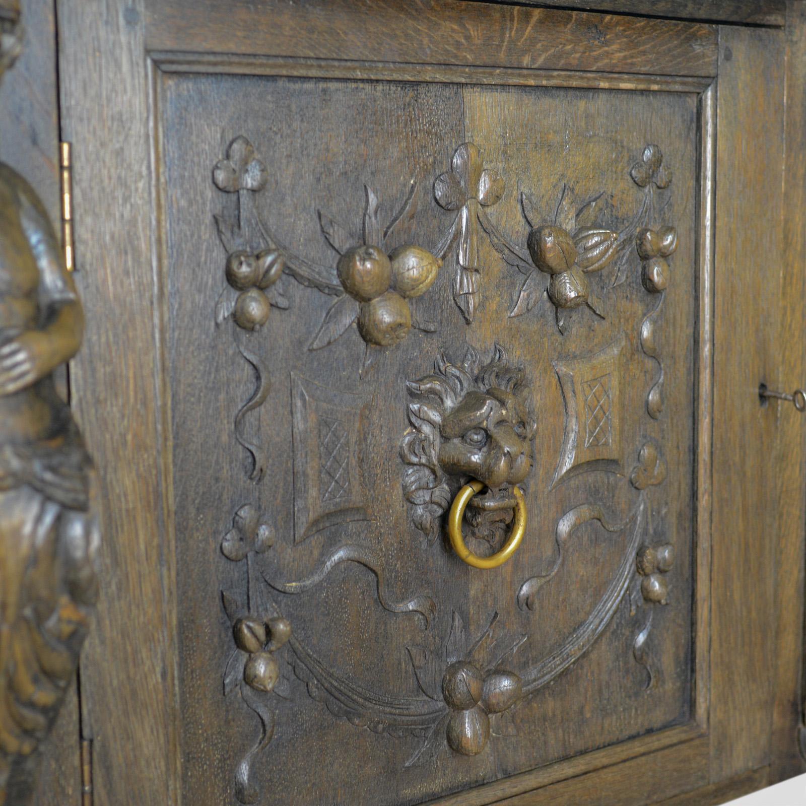Large Carved Oak Cabinet, English Sideboard, Jacobean Revival Cupboard 1