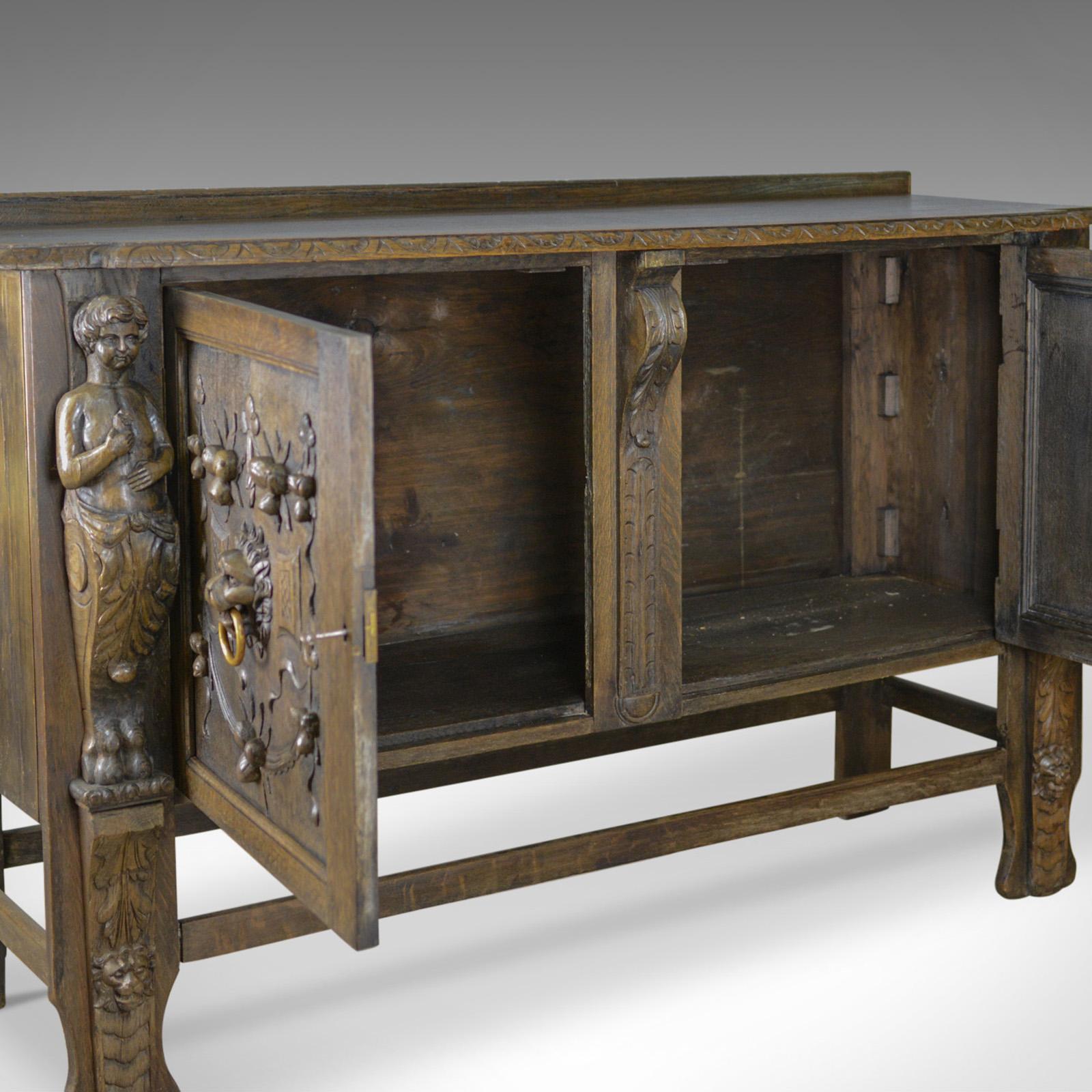 Large Carved Oak Cabinet, English Sideboard, Jacobean Revival Cupboard 3