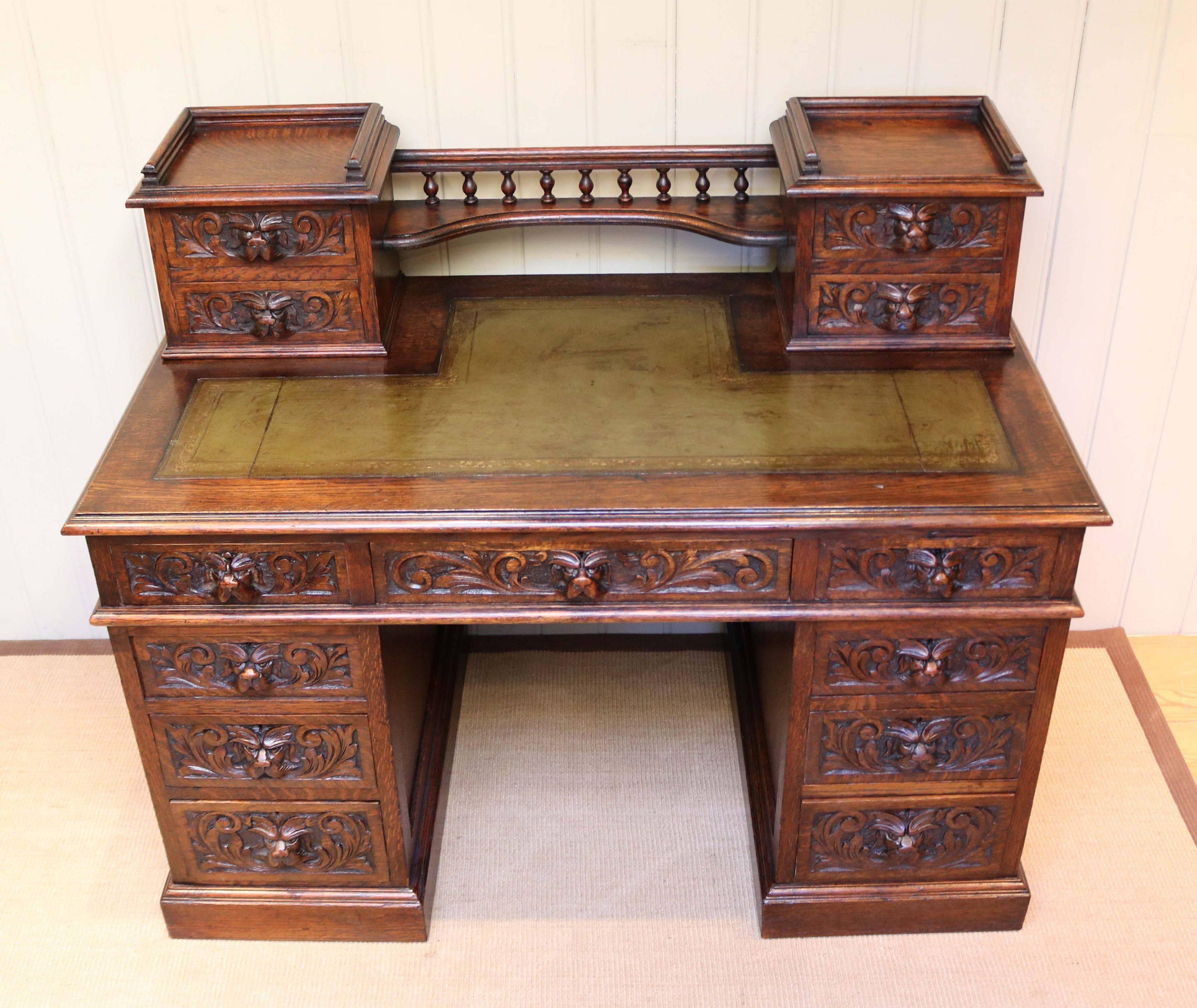 English Large Carved Oak Desk For Sale