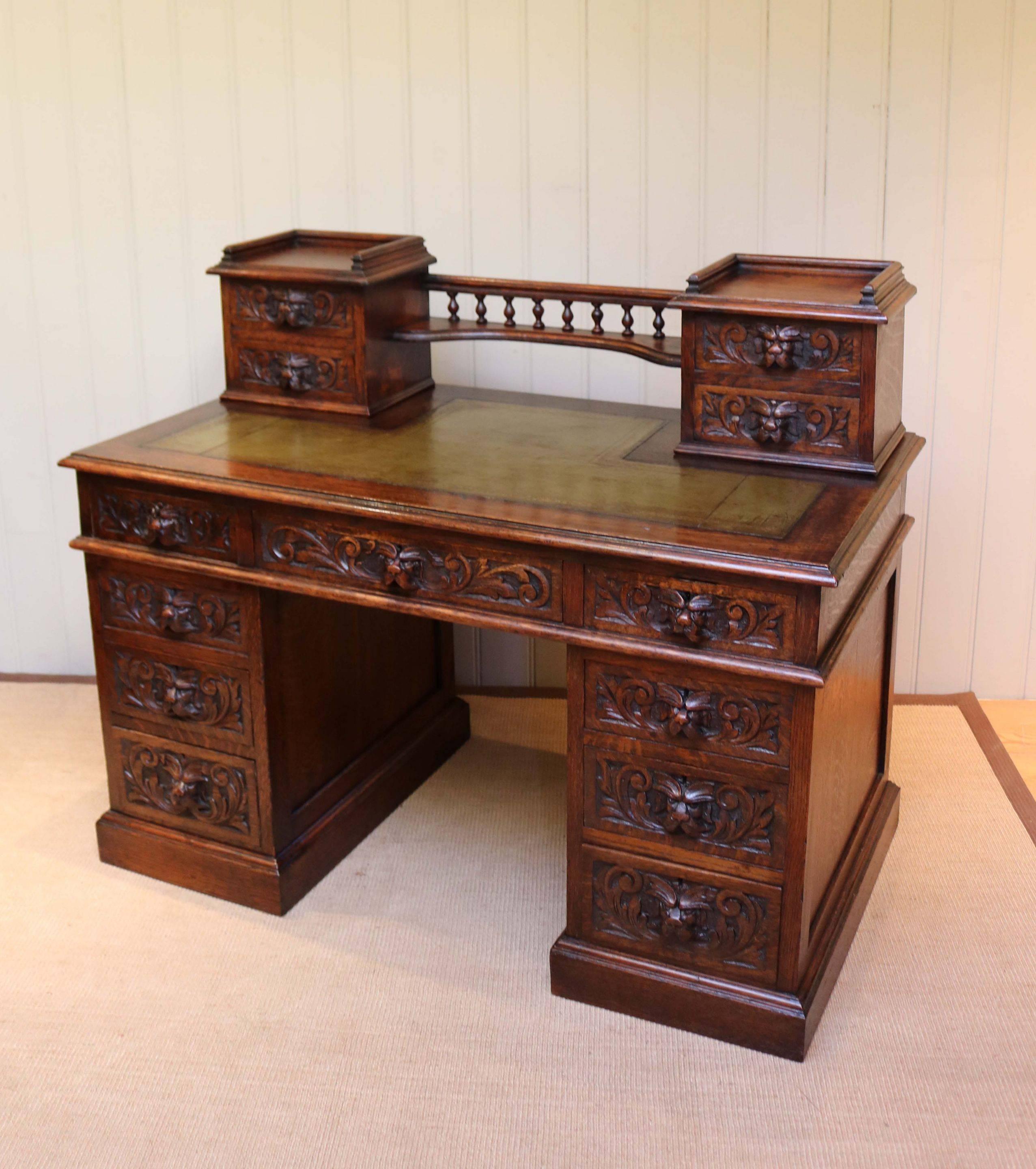 Early 20th Century Large Carved Oak Desk For Sale