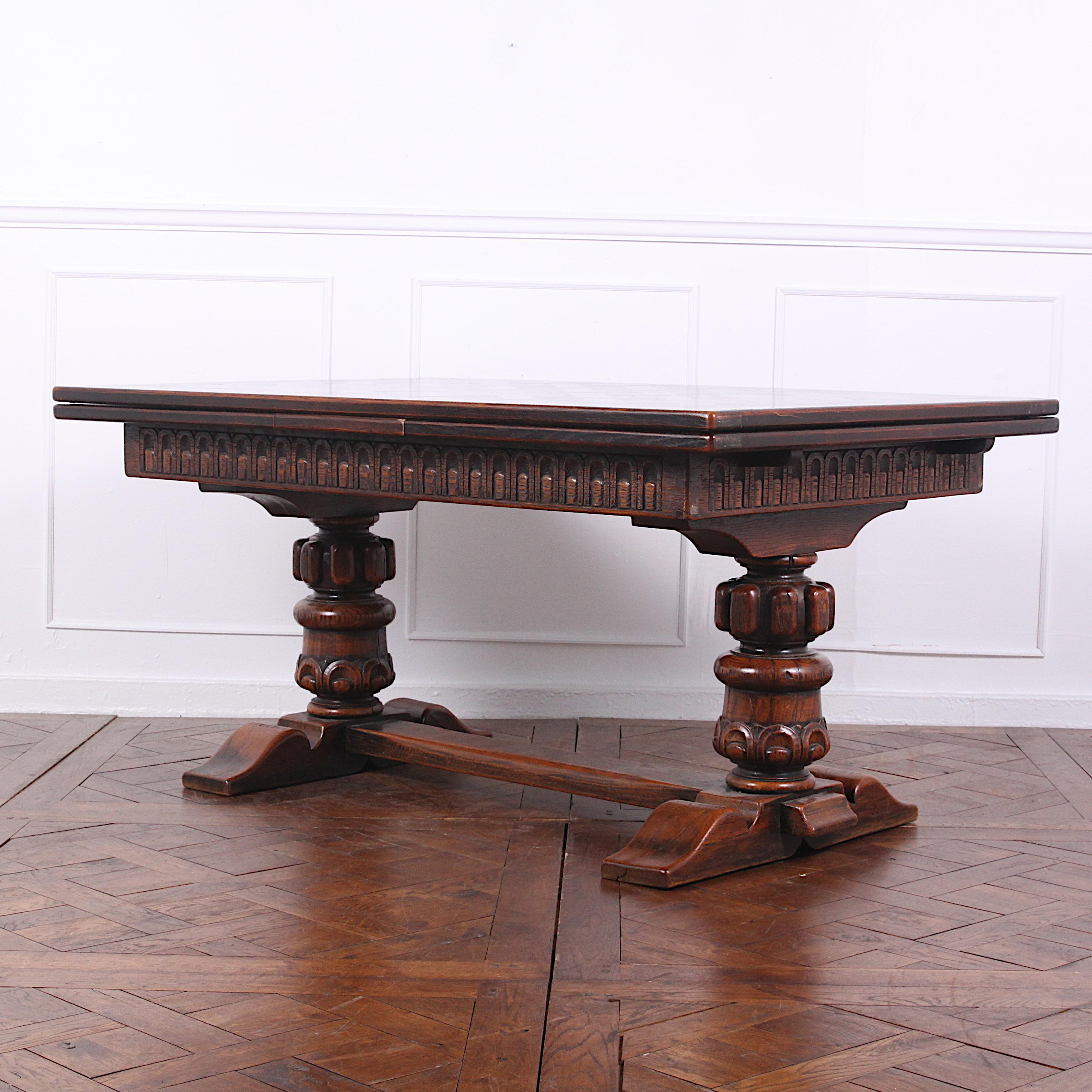 French Large Carved Oak Flemish Draw-Leaf Table
