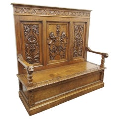Large Carved Oak Hall Bench with Heraldic Designs, circa 1890