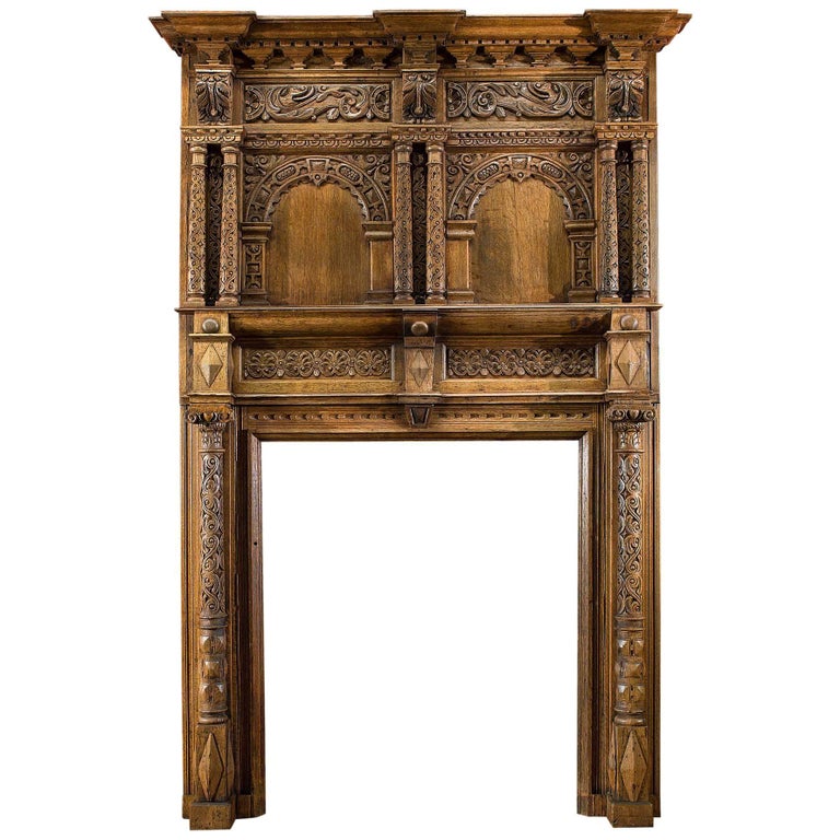 Large Carved Oak Jacobean Fireplace Surround And Overmantel For