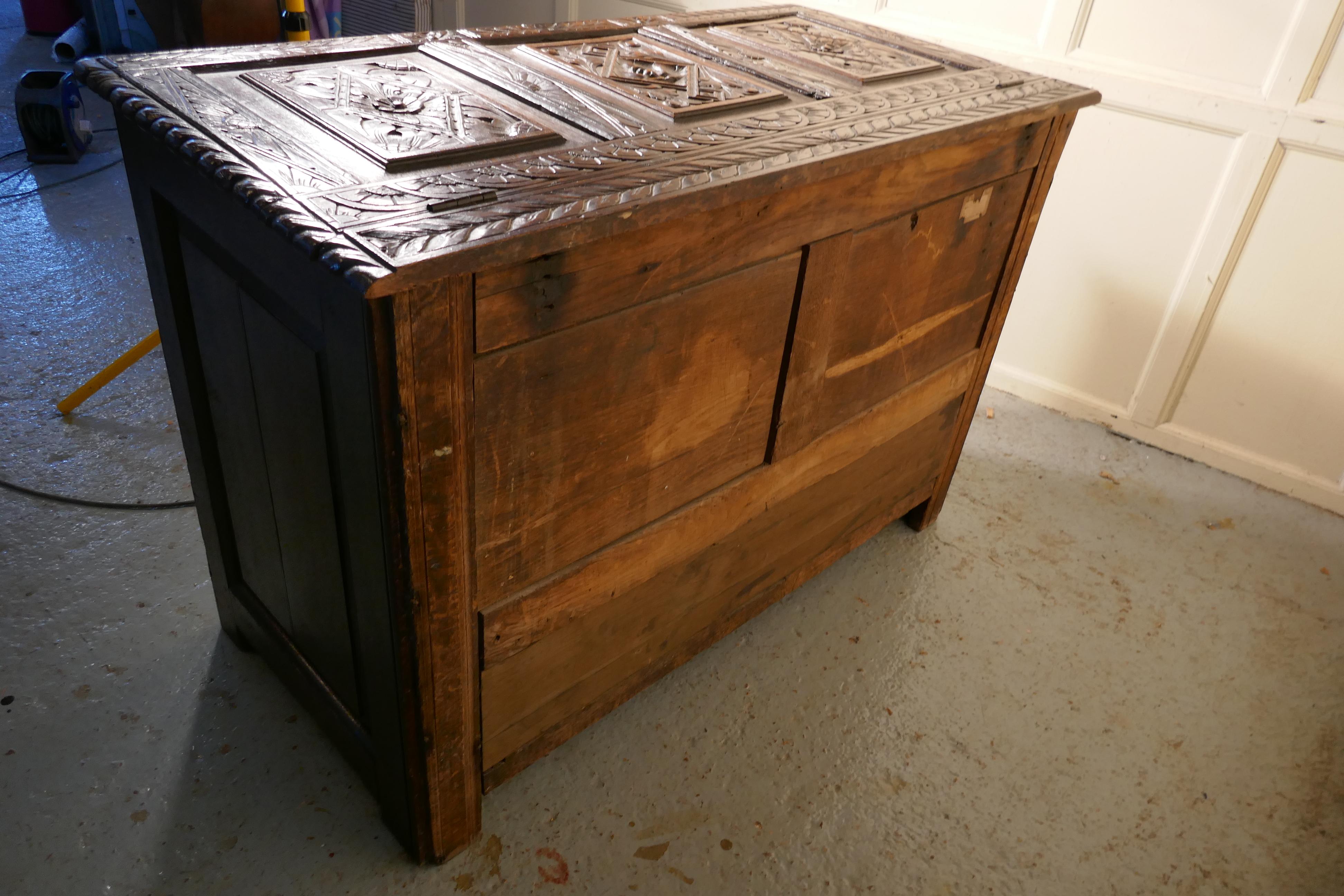 Large Carved Oak Mule Chest, Green Man Marriage Chest    For Sale 5