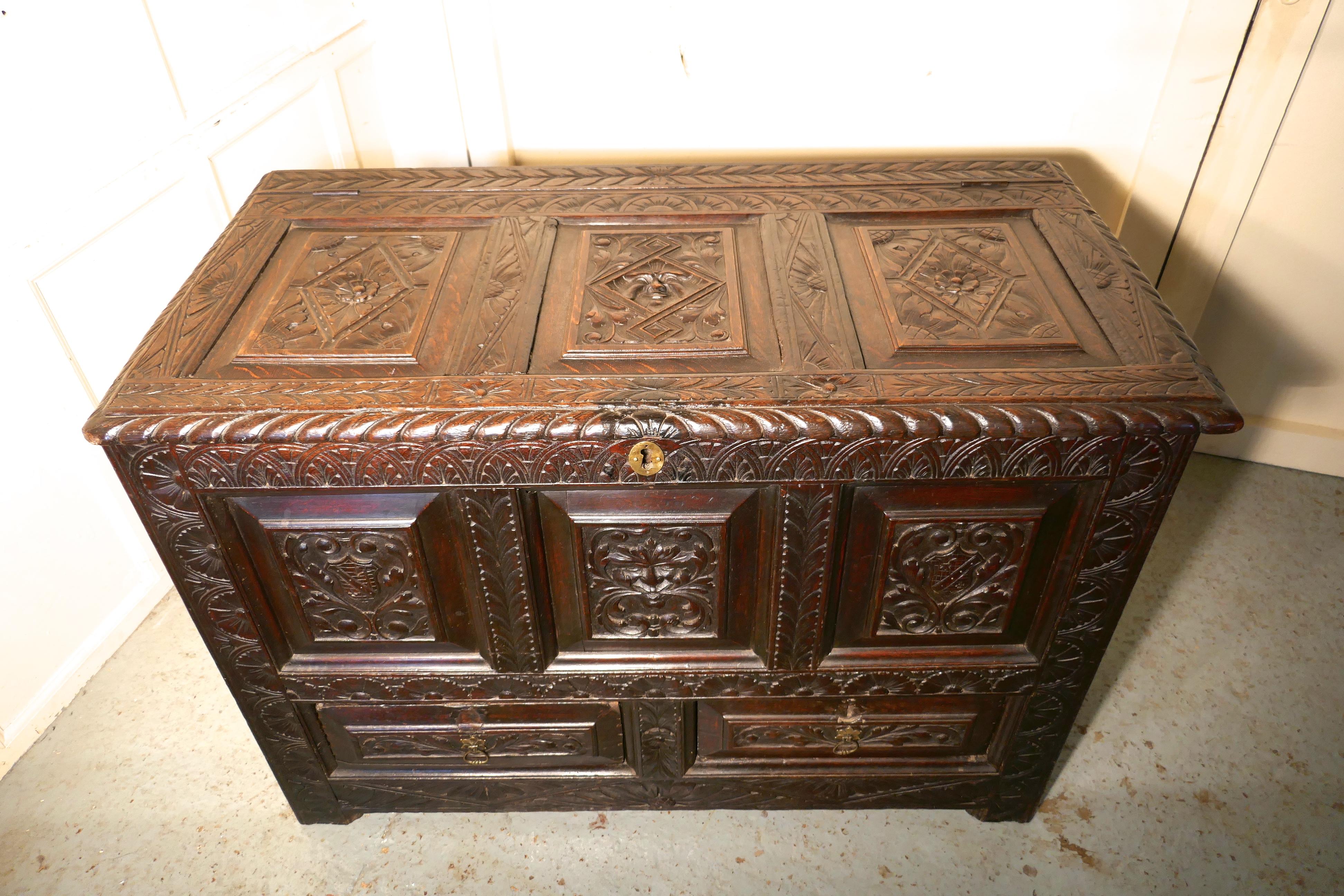 Large Carved Oak Mule Chest, Green Man Marriage Chest    For Sale 7