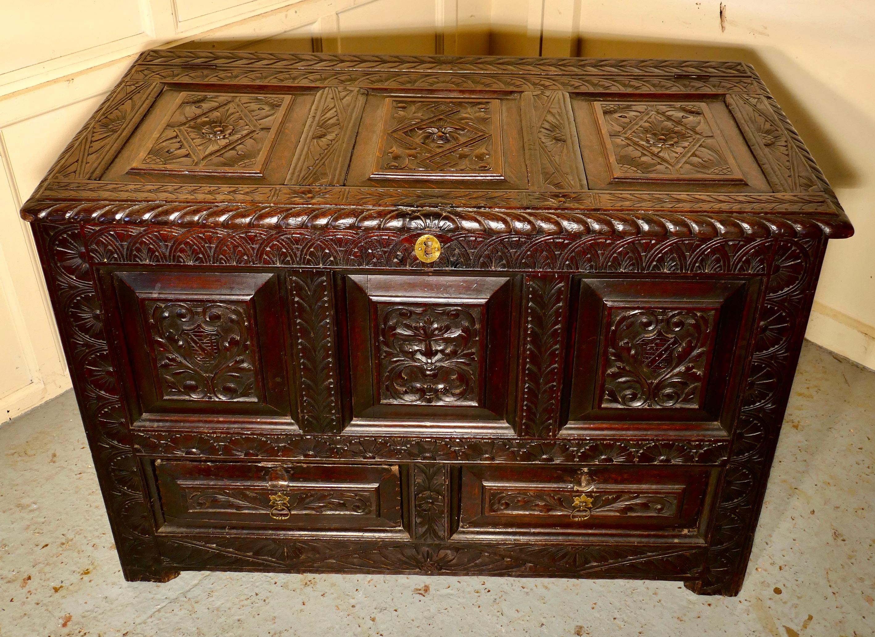Large Carved Oak Mule Chest, Green Man Marriage Chest    For Sale 1