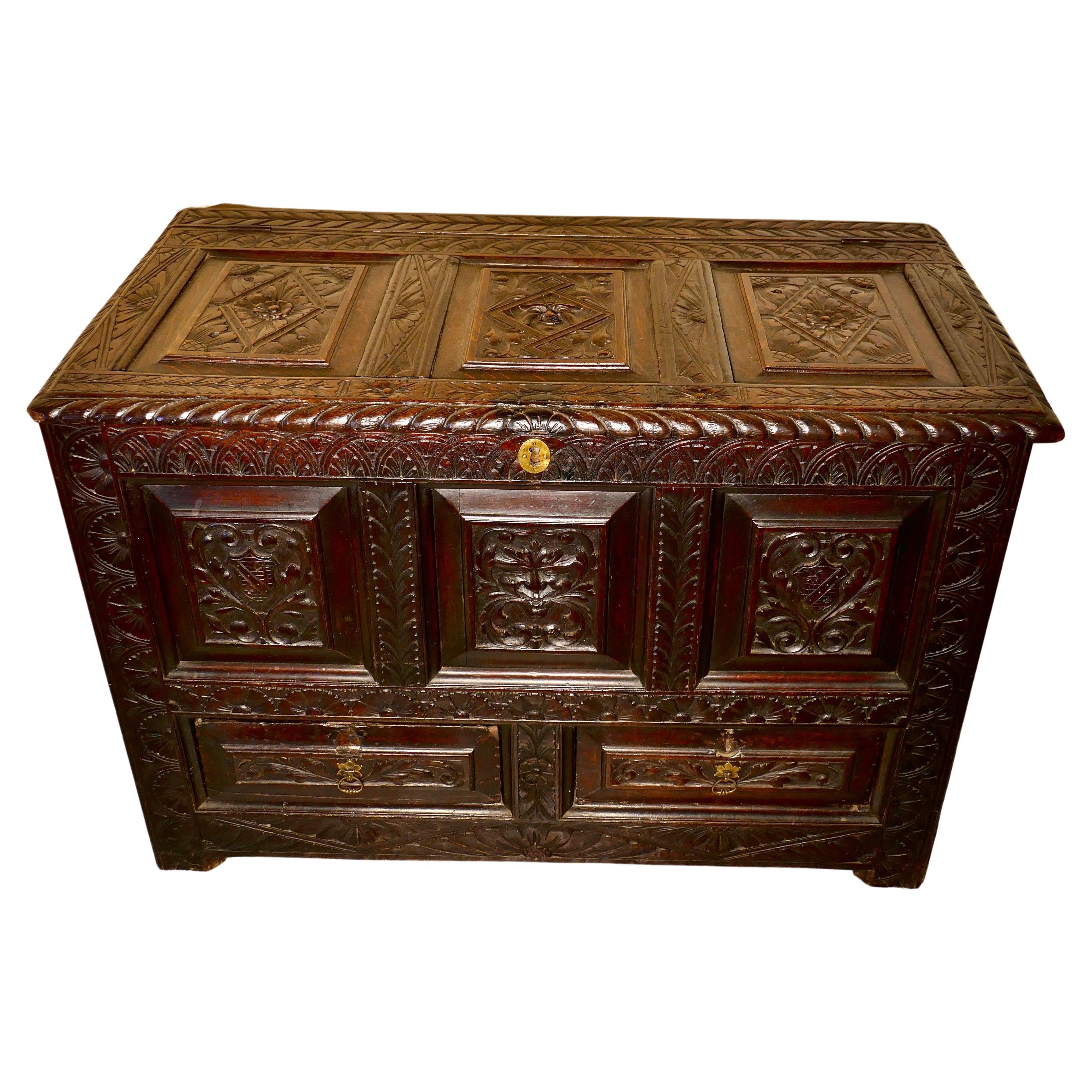 Large Carved Oak Mule Chest, Green Man Marriage Chest   