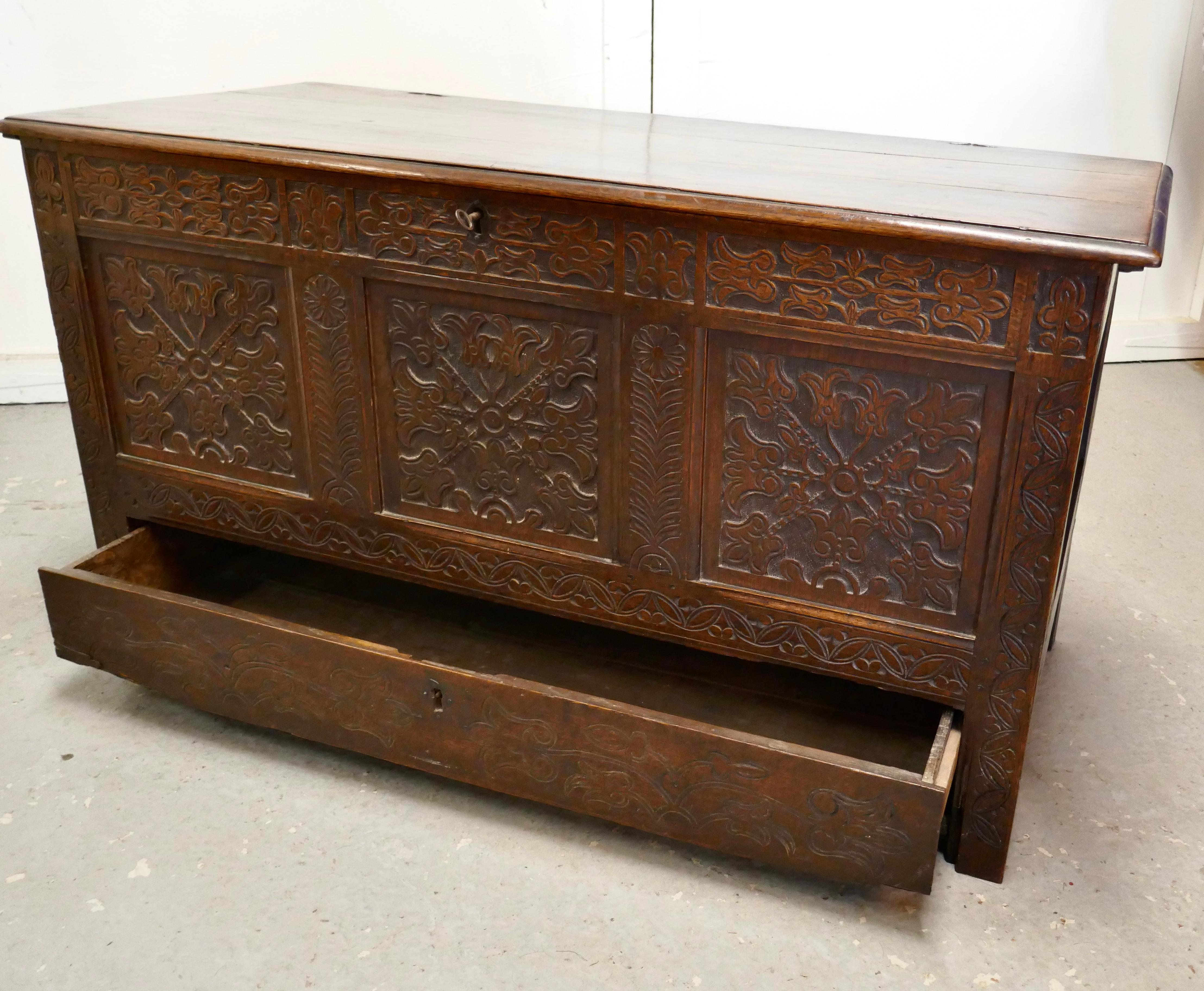 Large Carved Oak Mule Chest, Marriage Chest 5