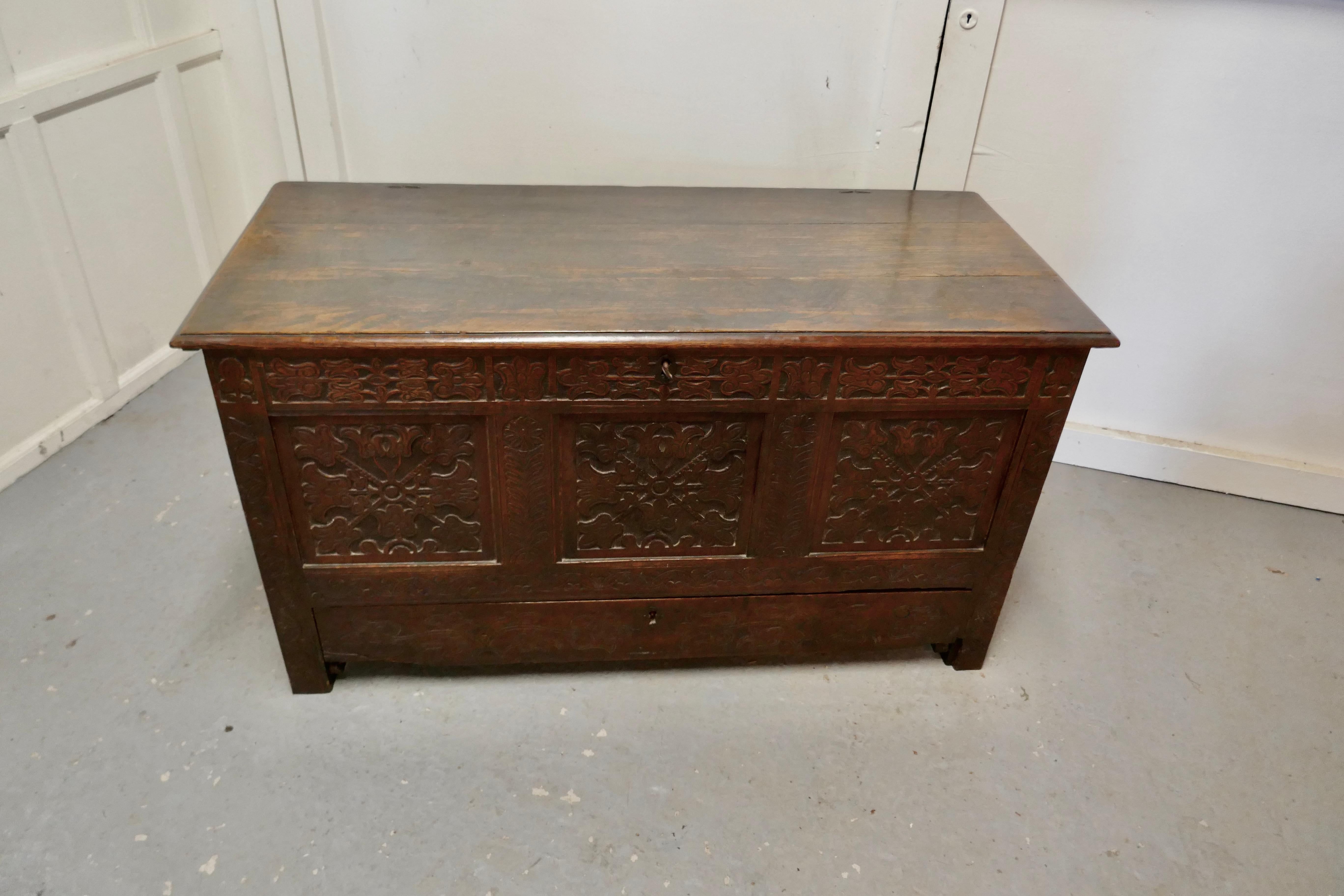 Large carved oak mule chest, marriage chest

This is an attractively carved Marriage chest, the coffer has detailed “Tree of Life” pattern carved panels. The chest has a working lock and key for the top section it also has has a long drawer at the