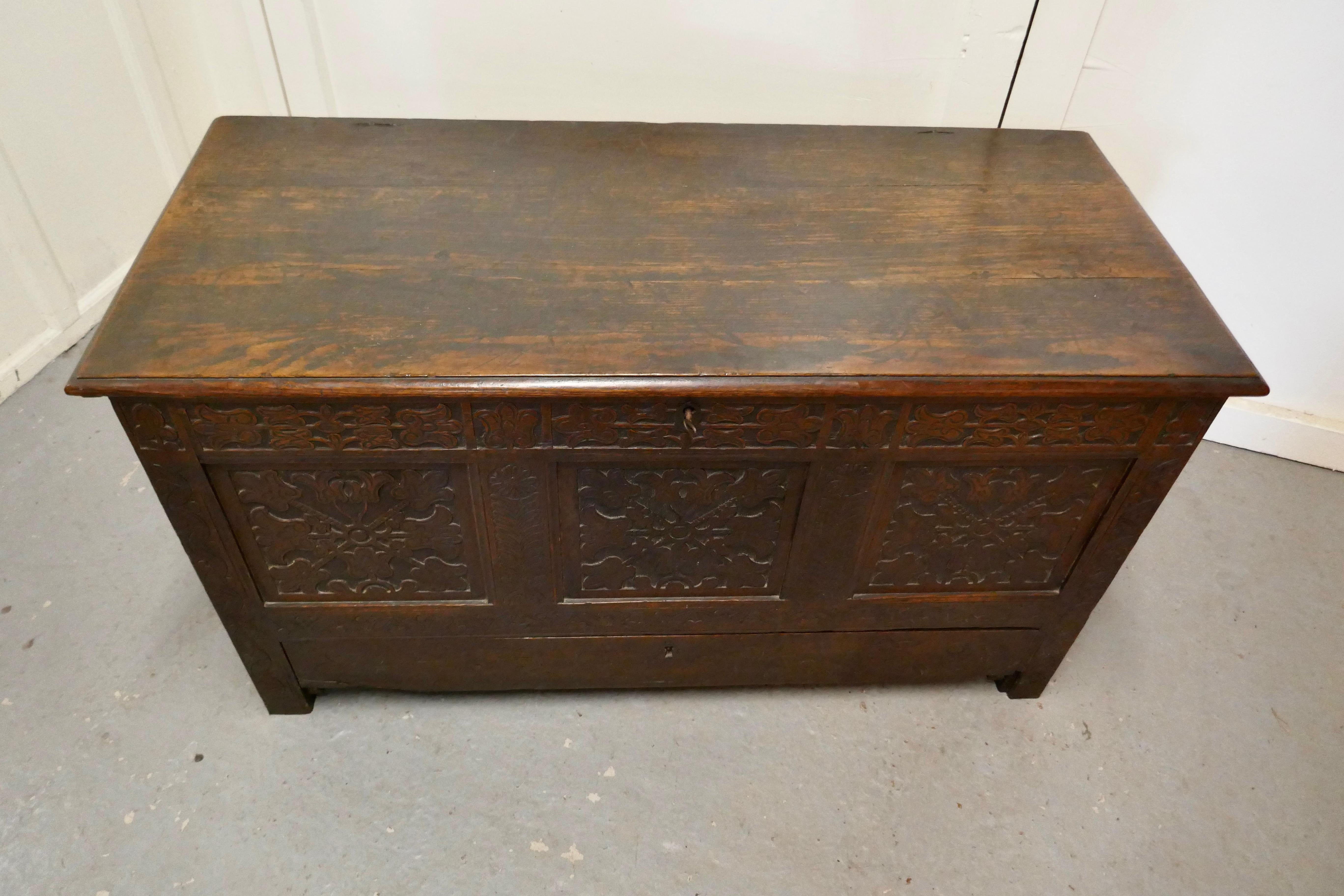 Gothic Large Carved Oak Mule Chest, Marriage Chest