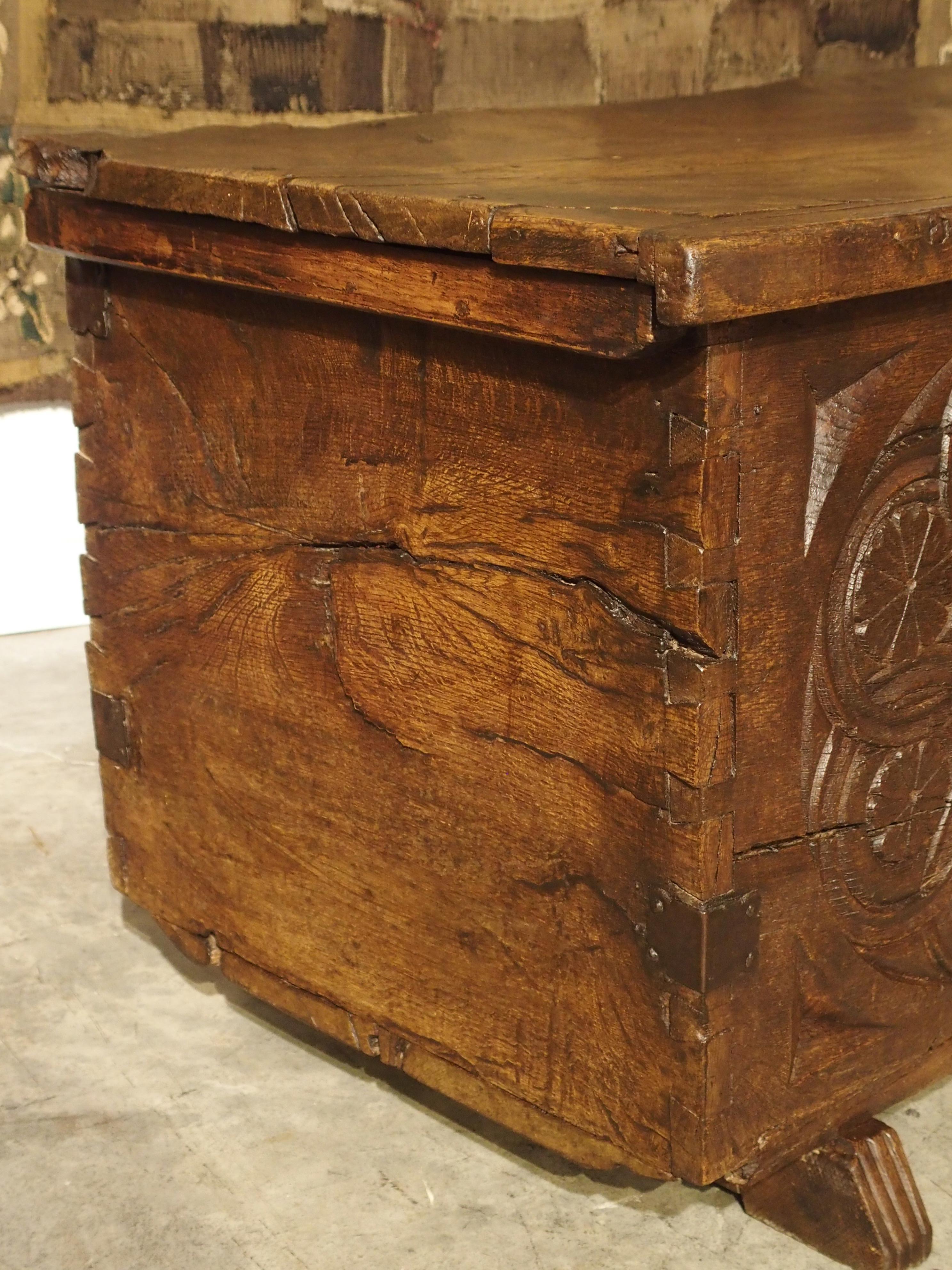 French Large Carved Oak Plank Trunk from the Basque Country, circa 1650