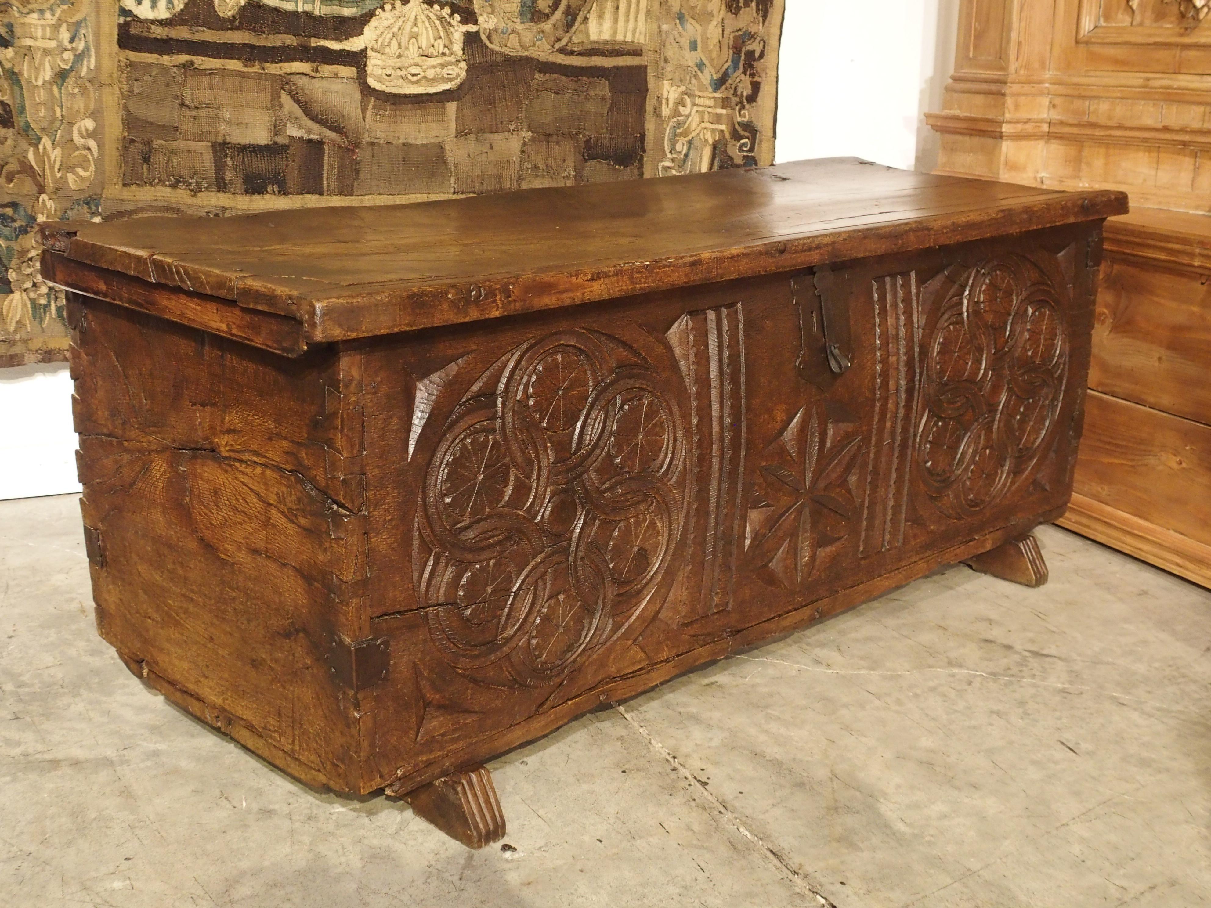 Hand-Carved Large Carved Oak Plank Trunk from the Basque Country, circa 1650