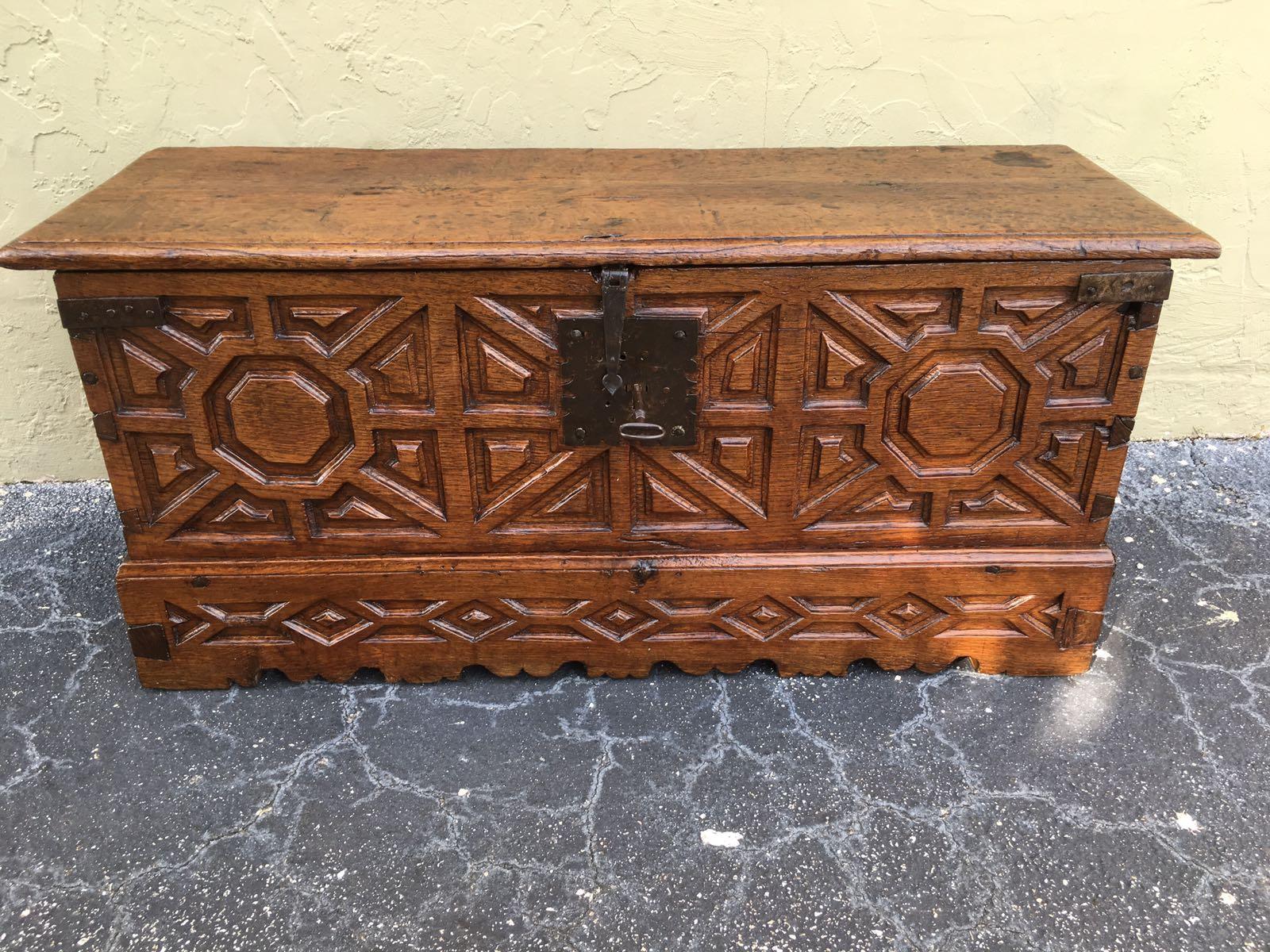 Large Carved Oak Plank Trunk from the Basque Country, Spain, circa 1750 In Excellent Condition In Miami, FL