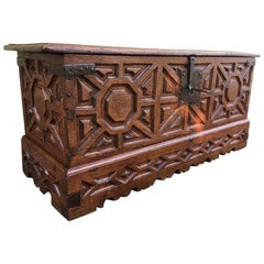 Antique Large Carved Oak Plank Trunk from the Basque Country, Spain, circa 1750