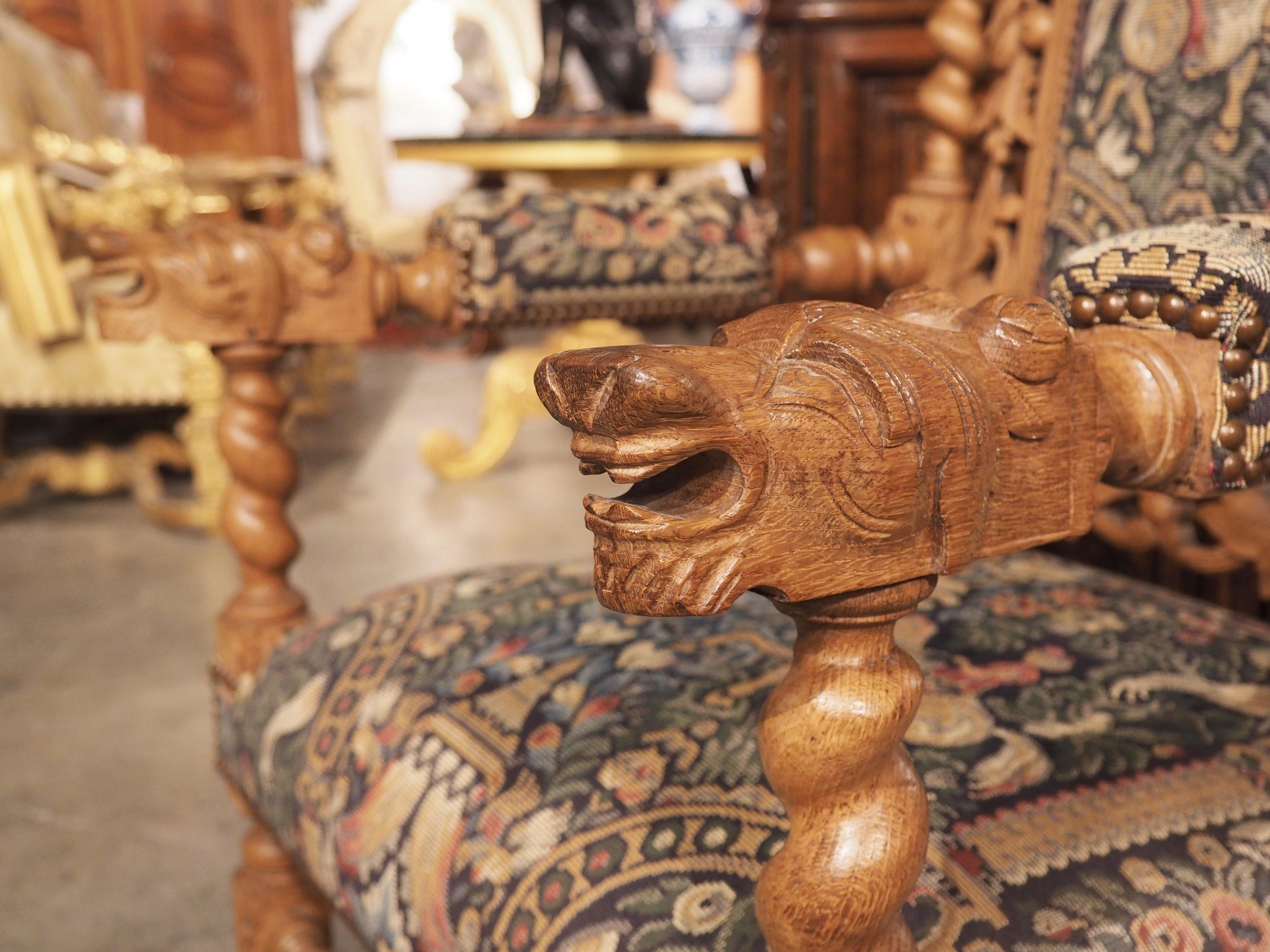 French Large Carved Oak Renaissance Style Armchair from France, C. 1890 For Sale
