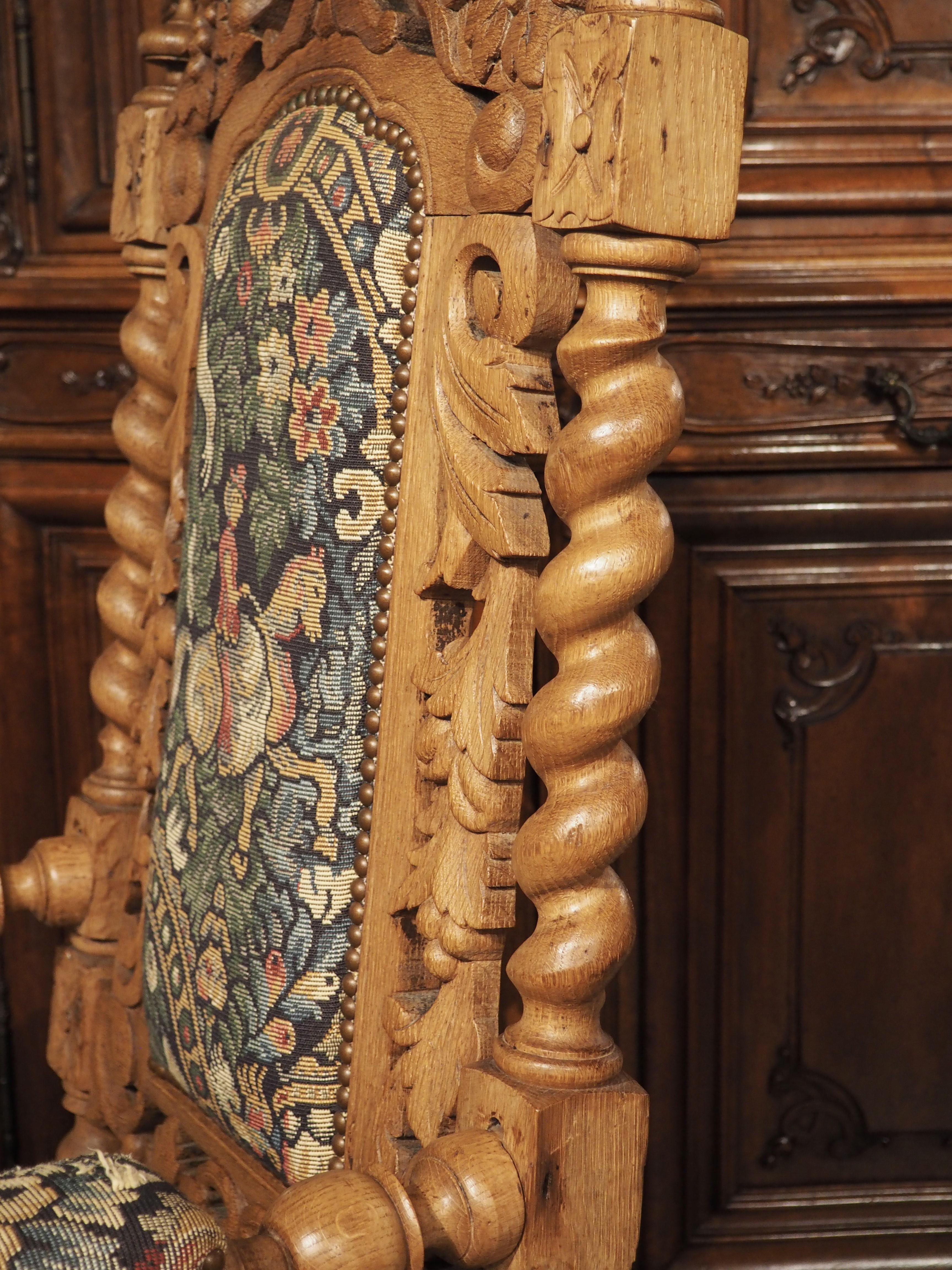 Tapestry Large Carved Oak Renaissance Style Armchair from France, C. 1890 For Sale