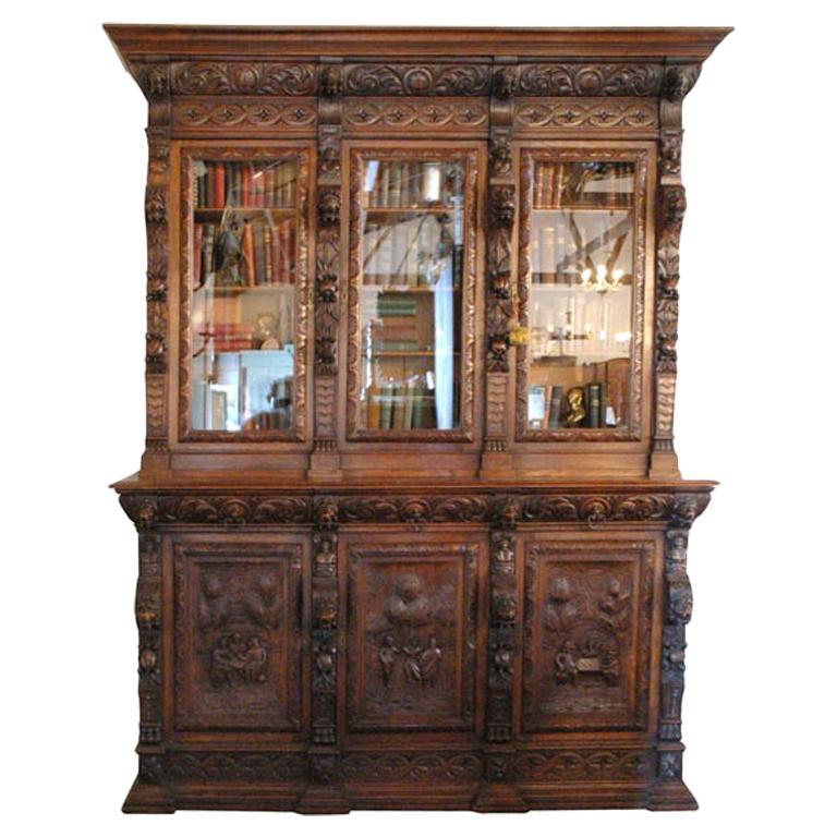 Large Carved Oak Six Door Bookcase For Sale