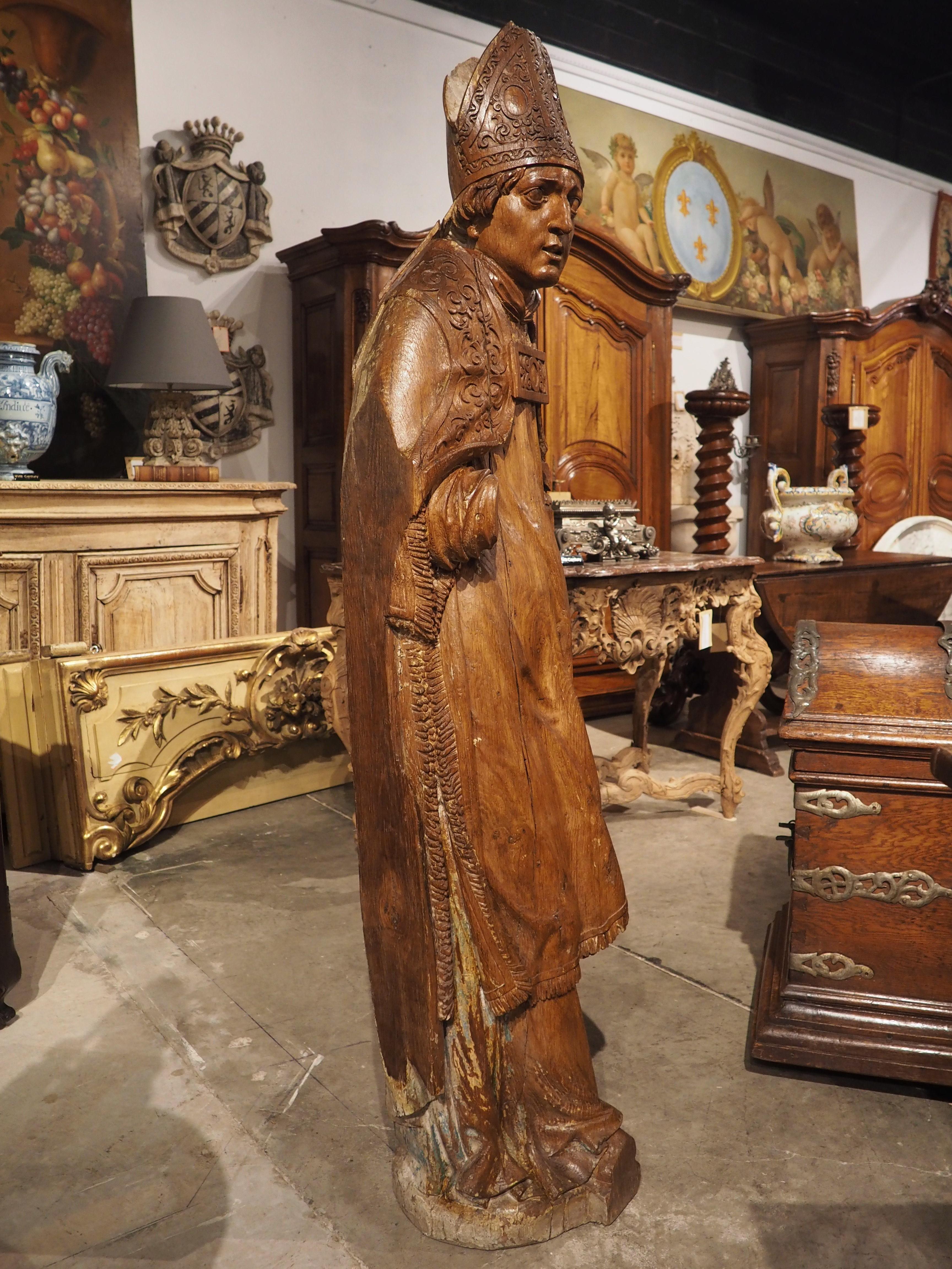 Large Carved Oak Statue of a Bishop, France, 17th Century For Sale 3