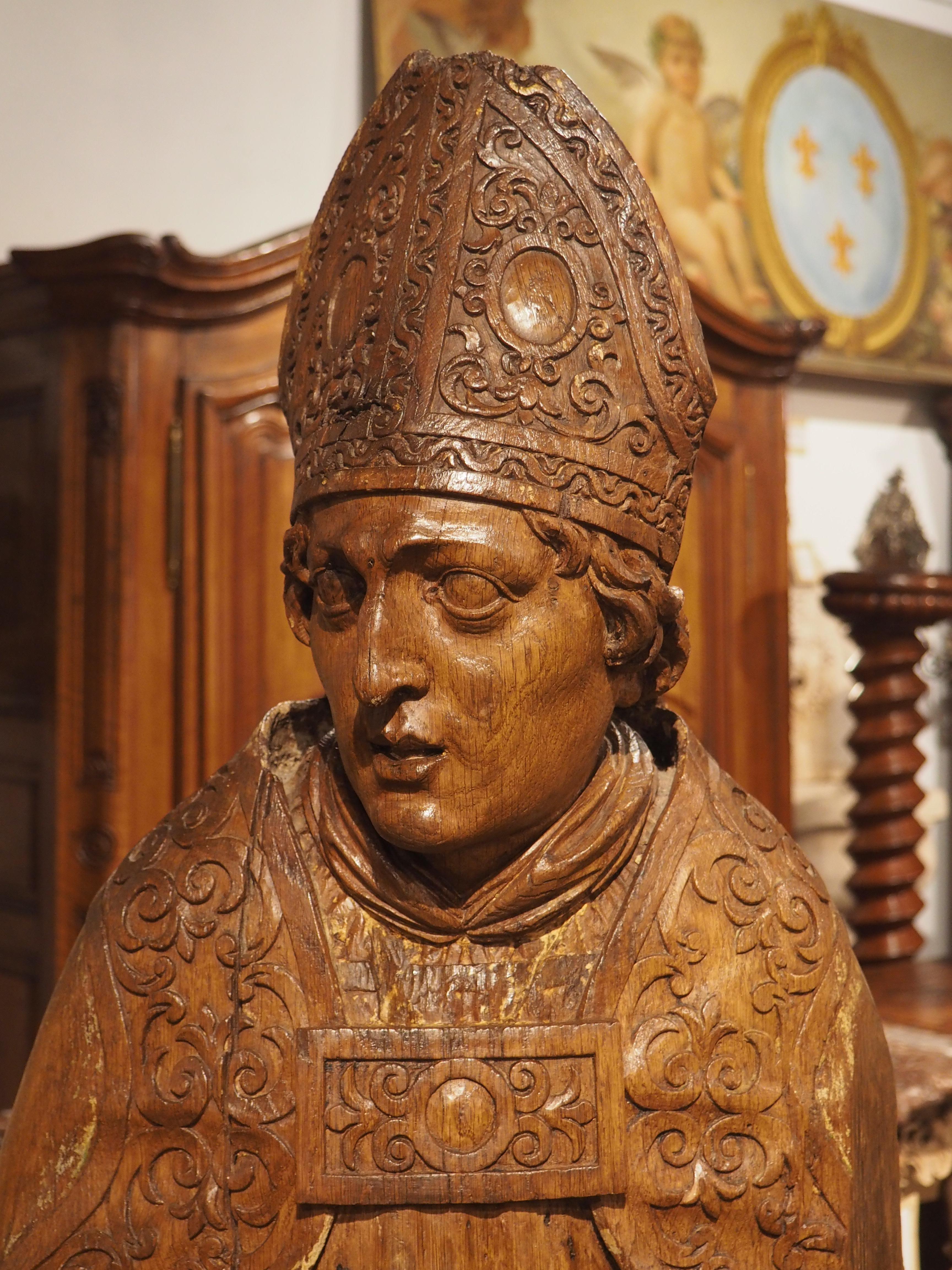 French Large Carved Oak Statue of a Bishop, France, 17th Century For Sale