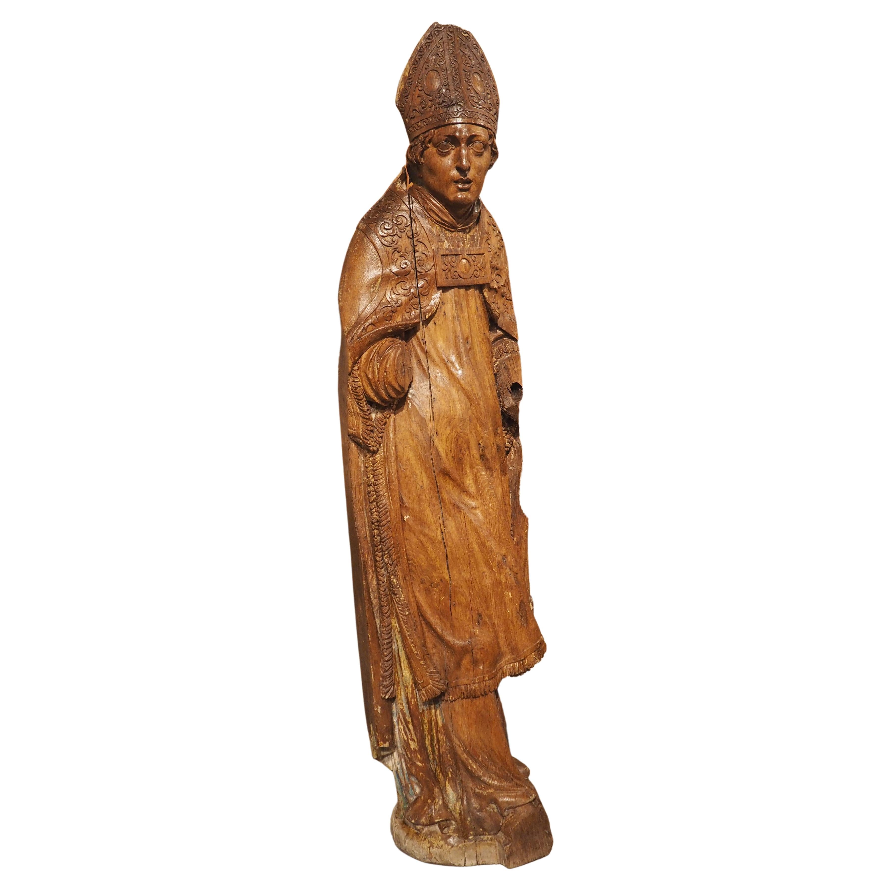 Large Carved Oak Statue of a Bishop, France, 17th Century For Sale