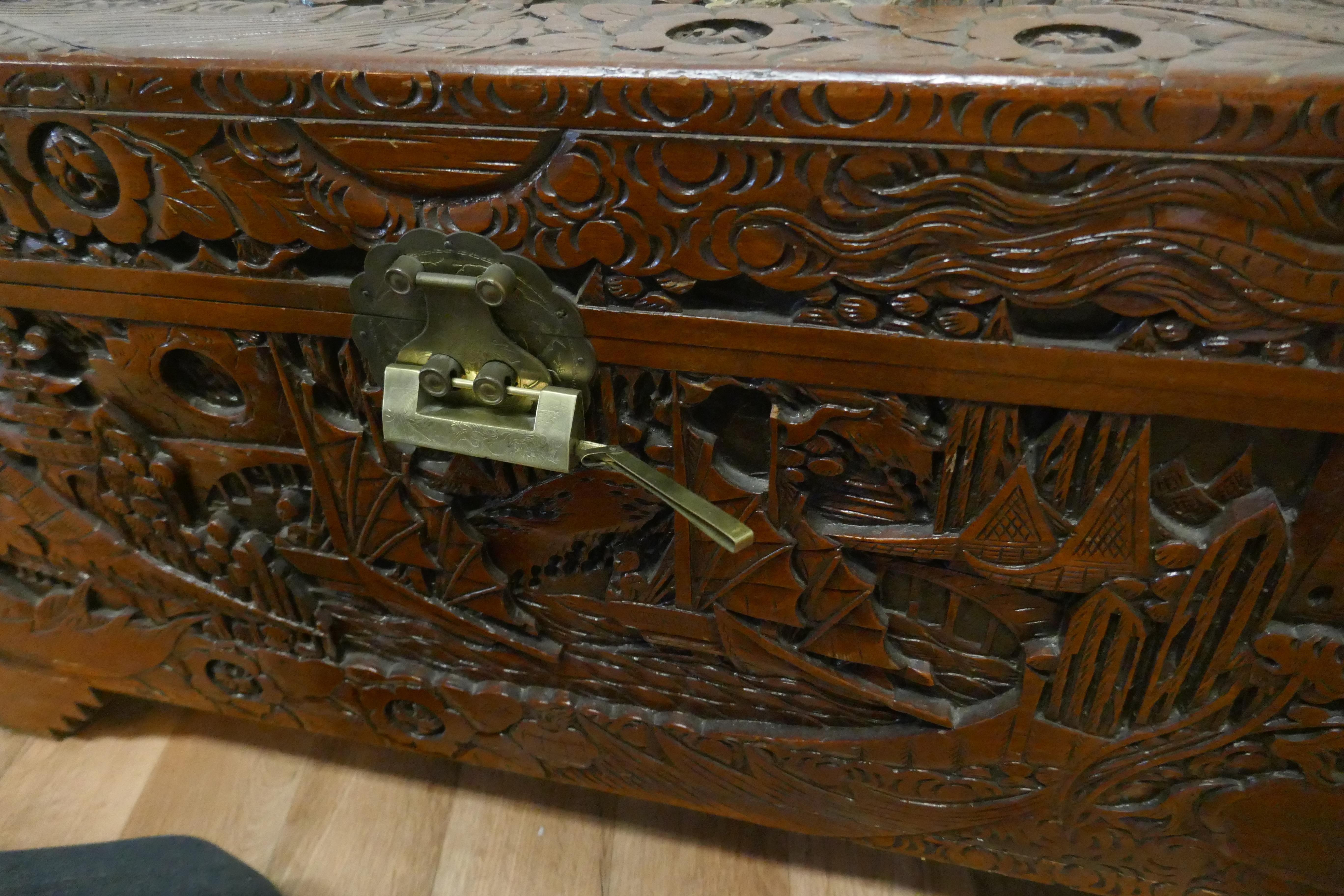 Large Carved Oriental Camphor Wood Chest For Sale 2