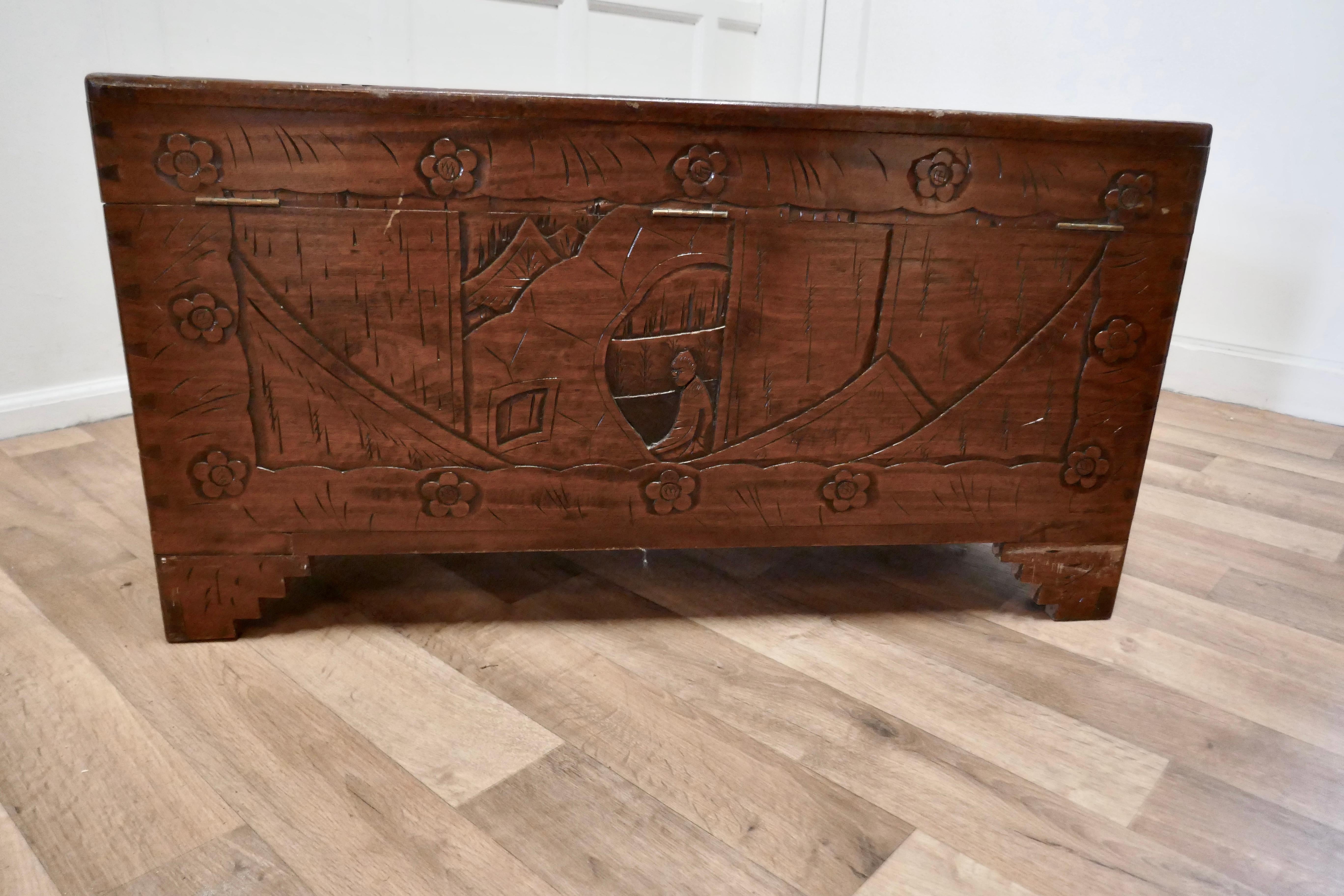 Large Carved Oriental Camphor Wood Chest For Sale 3