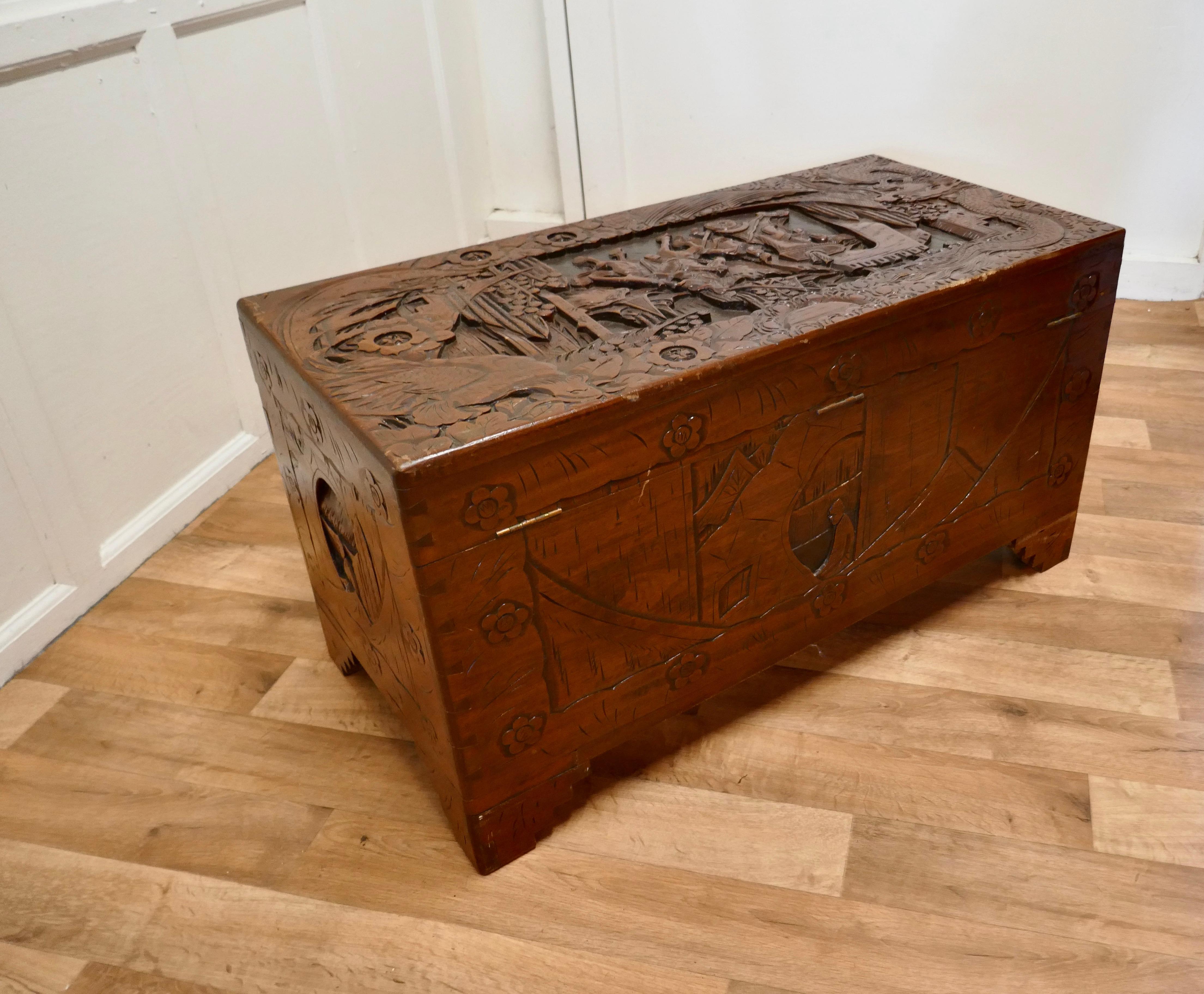 Large Carved Oriental Camphor Wood Chest For Sale 4