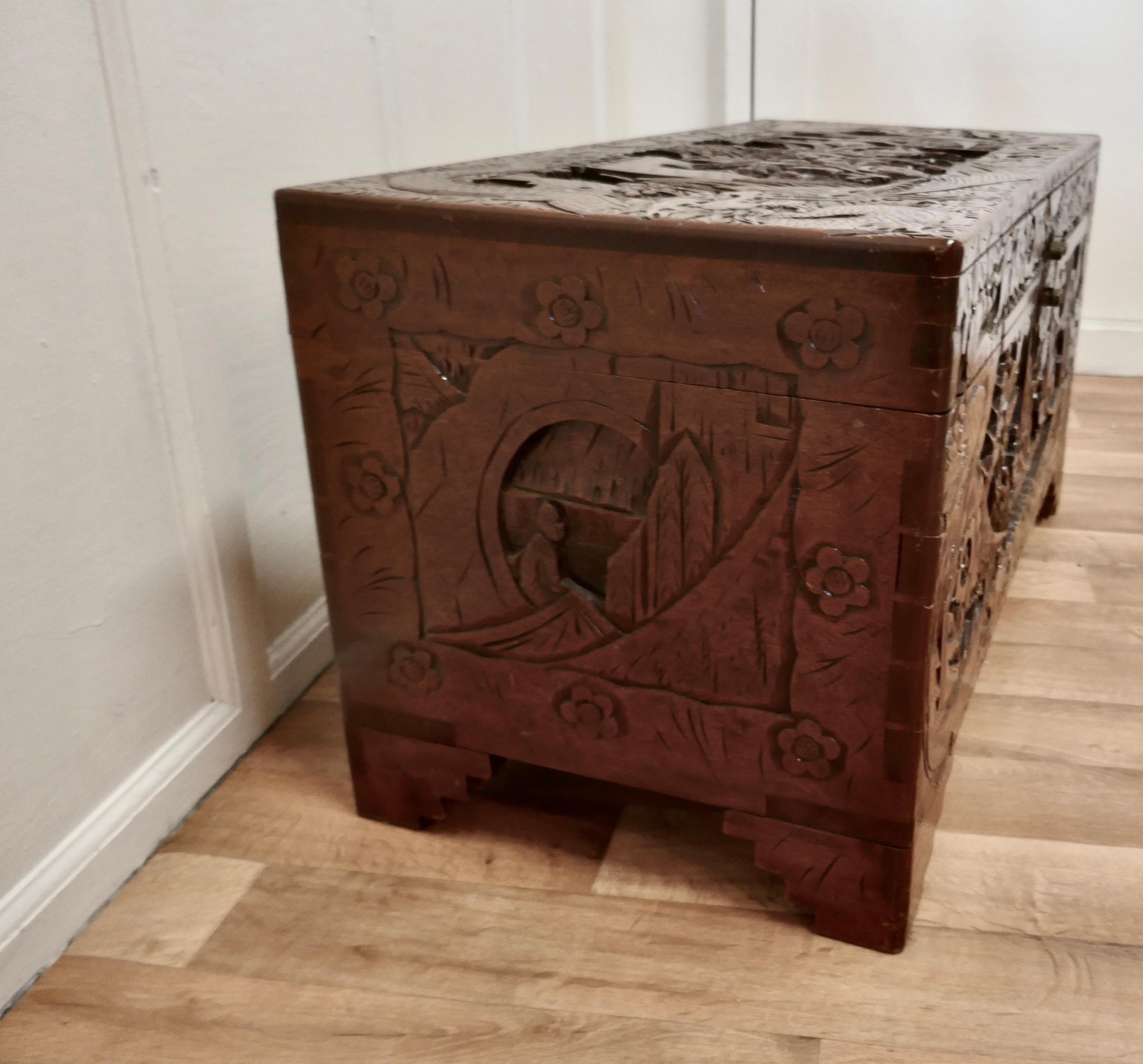 Large carved Oriental Camphor wood chest

This carved chest is made from Camphor Wood, for those of you who do not know camphor wood it is similar to Mahogany it is a hard wood which lends itself very well to carving.
However the main reason for