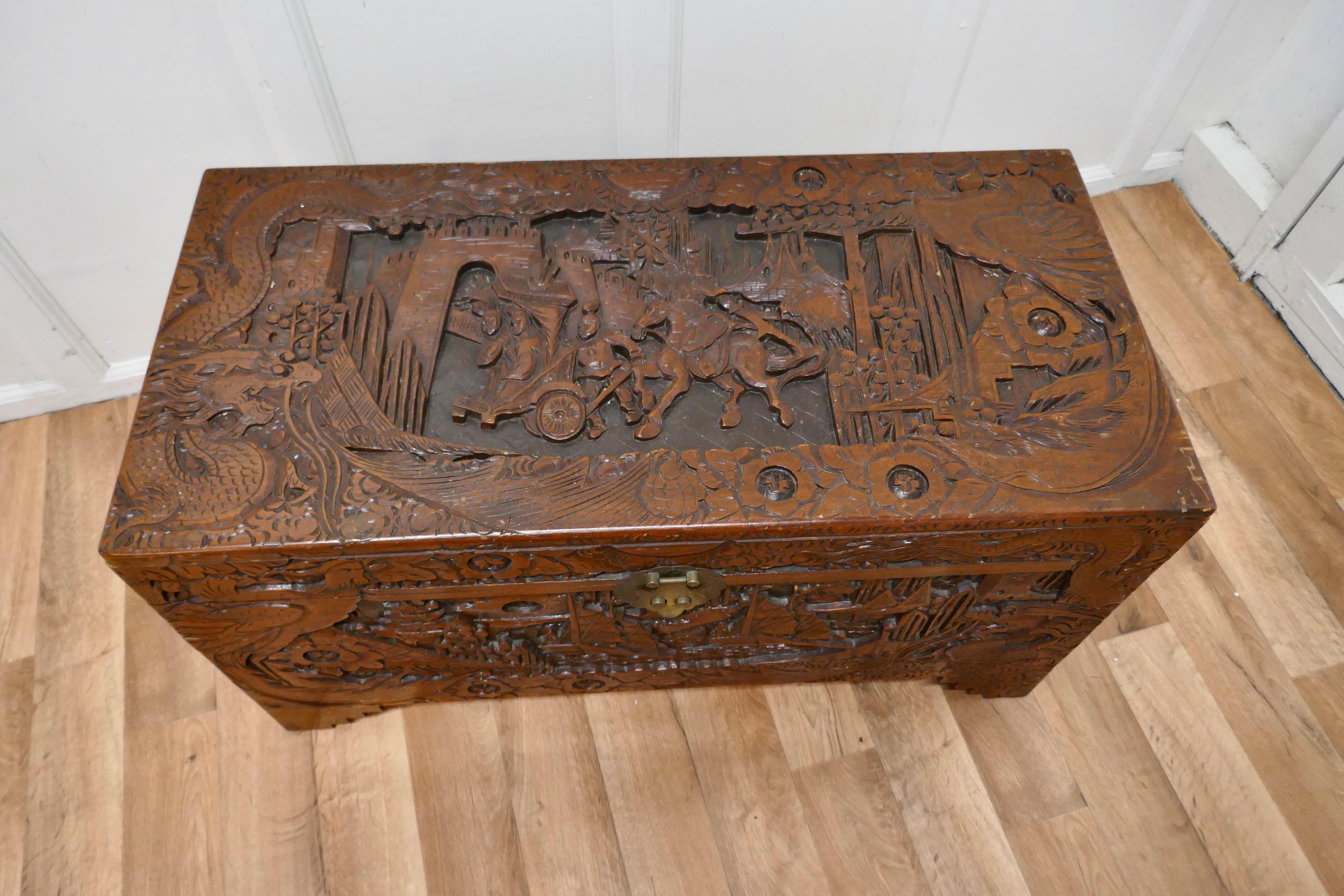 20th Century Large Carved Oriental Camphor Wood Chest For Sale