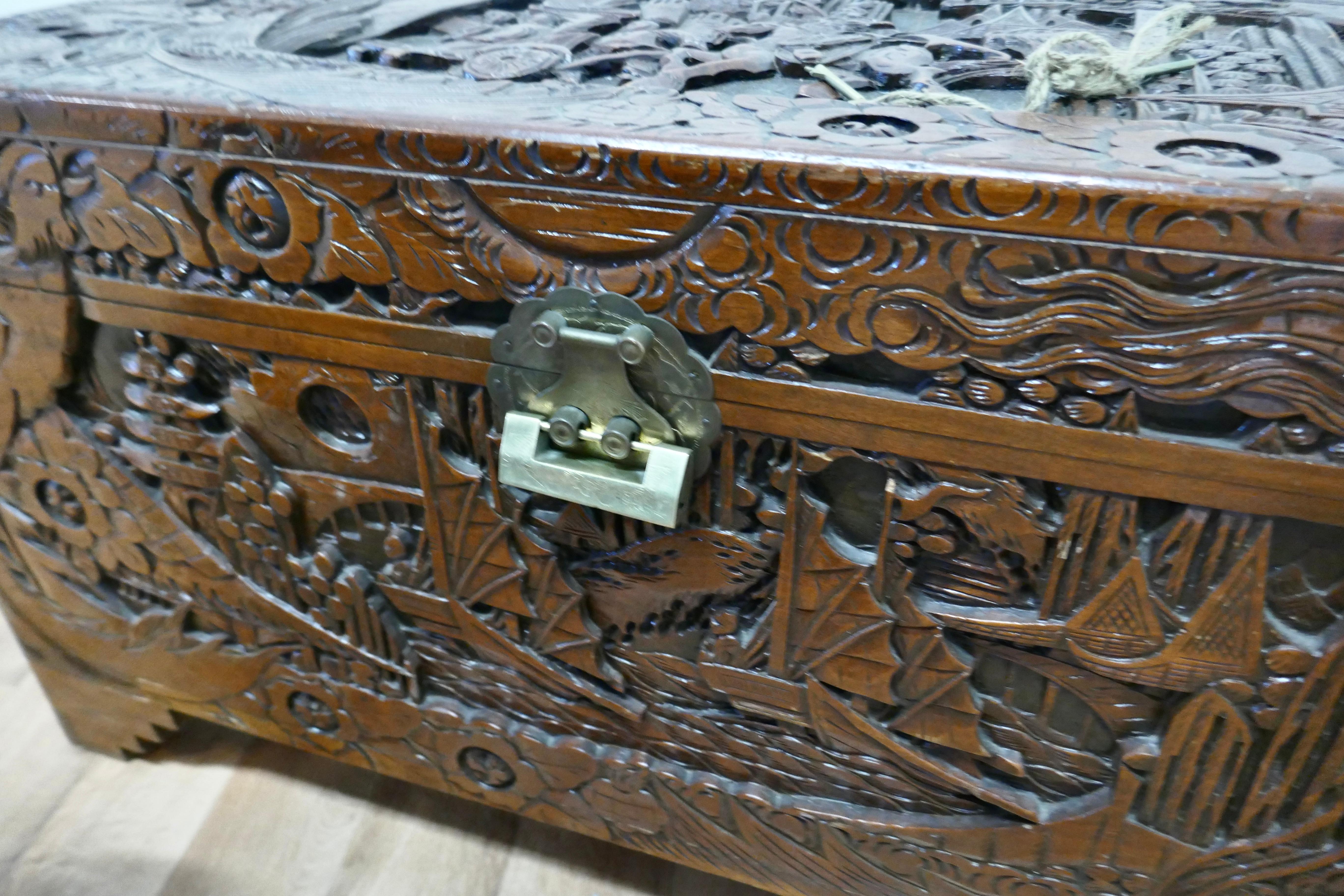 Large Carved Oriental Camphor Wood Chest For Sale 1